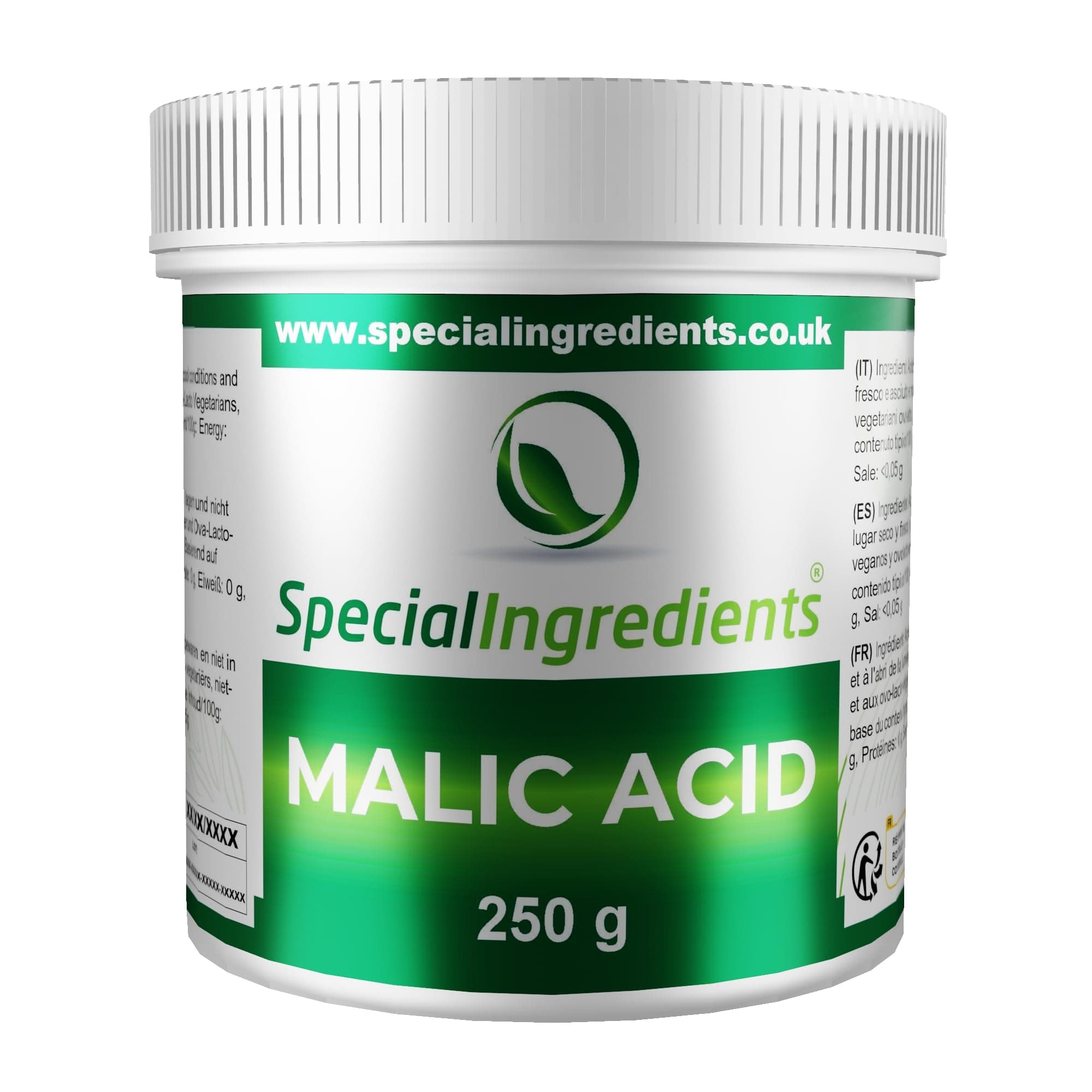 Malic Acid Powder 250g Premium Quality Natural Origin - Vegan, Non-GMO - Recyclable Container