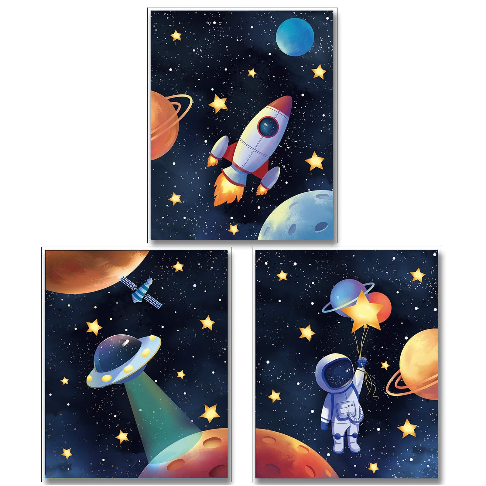 MWOOT Space Astronaut Canvas Poster for Boys Bedroom Wall Decor, 3Pcs Kids Children Playroom Wall Art Print (30X40CM), Solar System Rocket Wall Poster Large - Room Decoration Accessories (B Series)