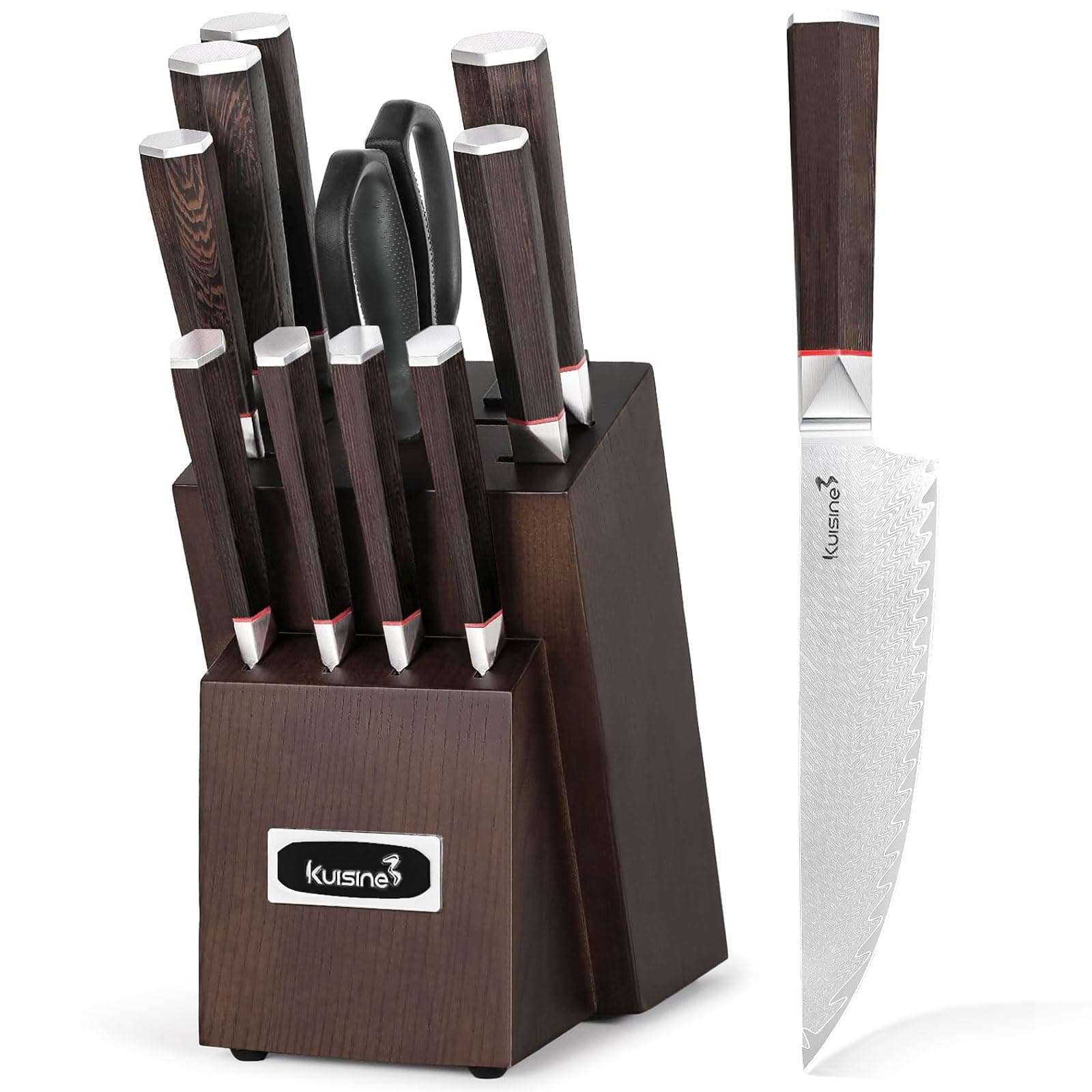 Kuisine Kitchen Knife Set,Damascus Steel Ultra Sharp, Ergonomic Non-slip Wood Handle, Chef Knife Block Set with Built-in Sharpener,Luxury Gift for Holiday(Silver, 12PCS)