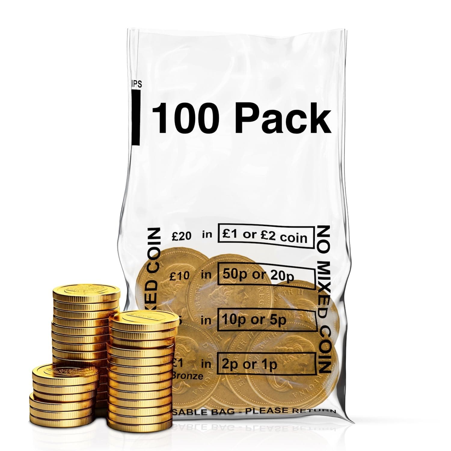 Pack of 100 - Coin Bags | Money Bank Bags | Clear Plastic No Mixed Coins Bank Bags | Banking Bags | Coin Bags for Banking