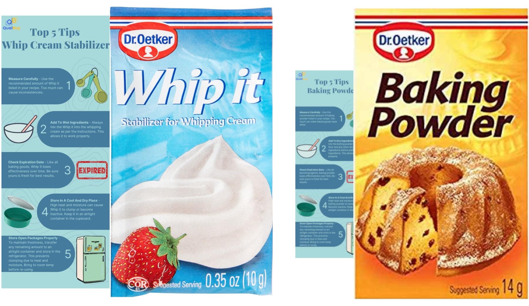 Dr. Oetker Whip It 6pk and Baking Powder For Cooking 12pk bundle - Whipped Cream Stabilizer Powder for cakes - Bundled In QualBuy Branded Box, 10g, white