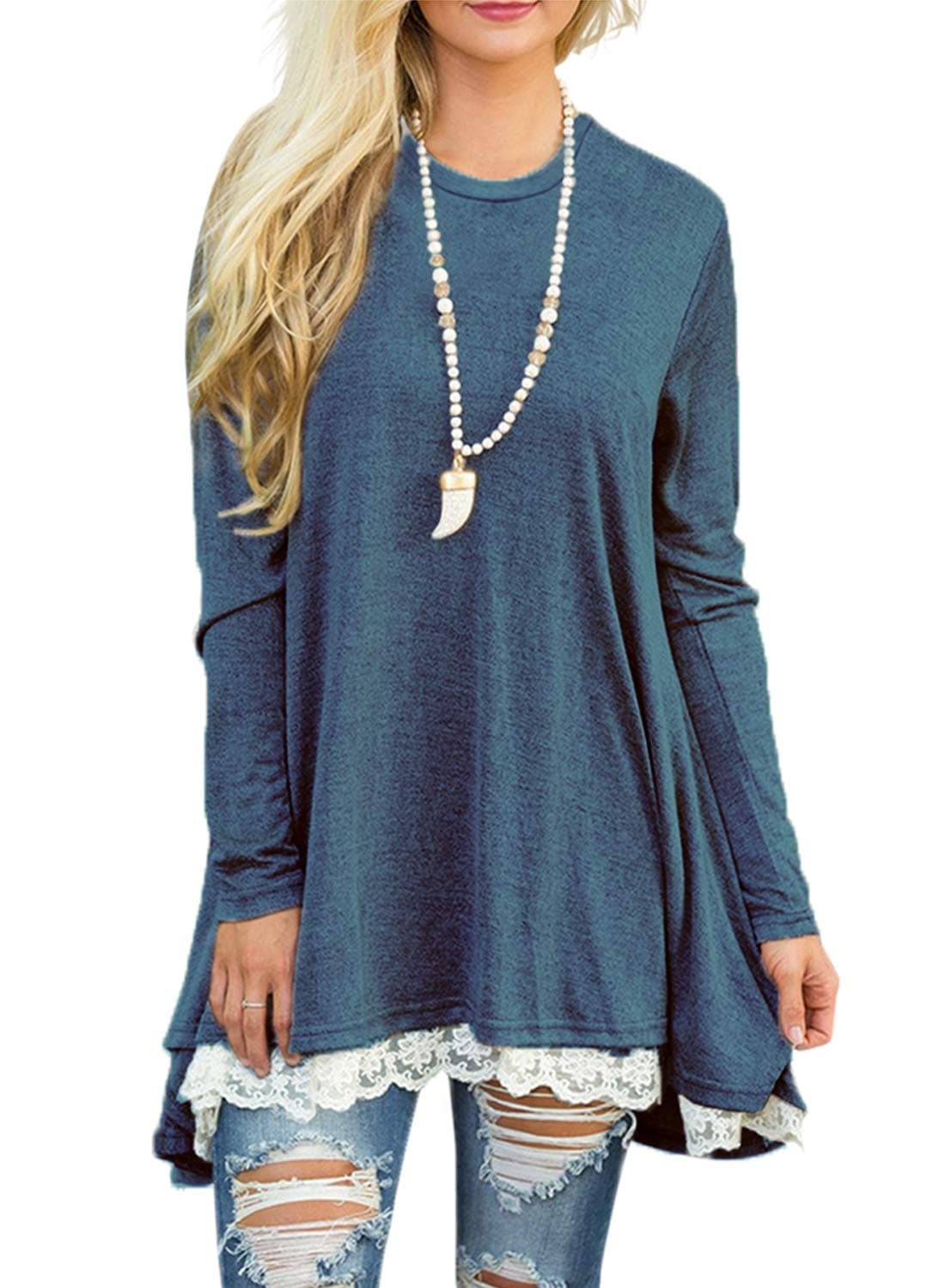 Sanifer Womens Tops Long Sleeve Tunics Round Neck Blouses Shirts for Leggings