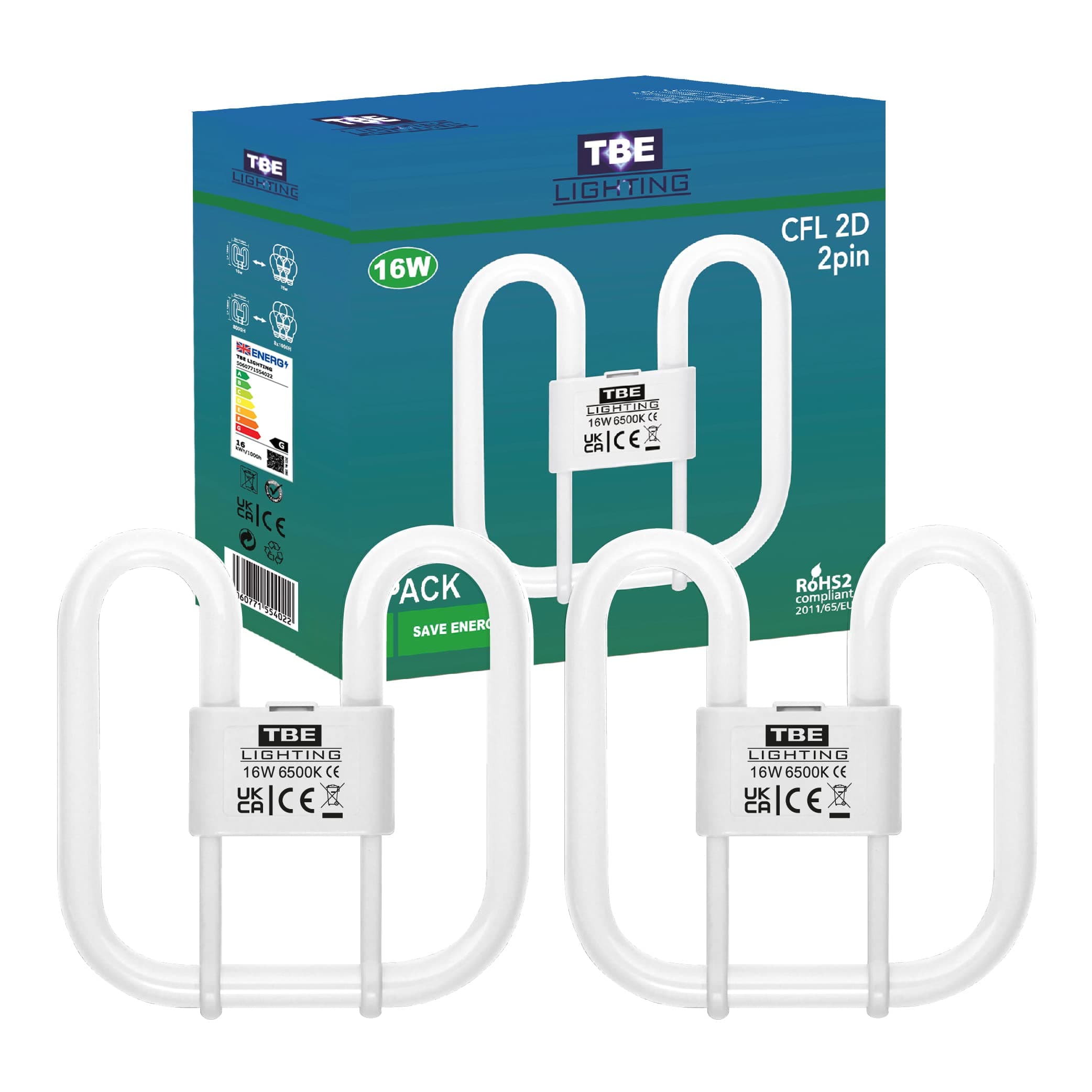 TBE LIGHTING 16w 2D 2-PIN CFL Energy Saving Lamps - DD Fluorescent Bulbs - 2-Pin GR8 Base Fittings - Long Life Lamp, Day Light White 6500K (2PACK)