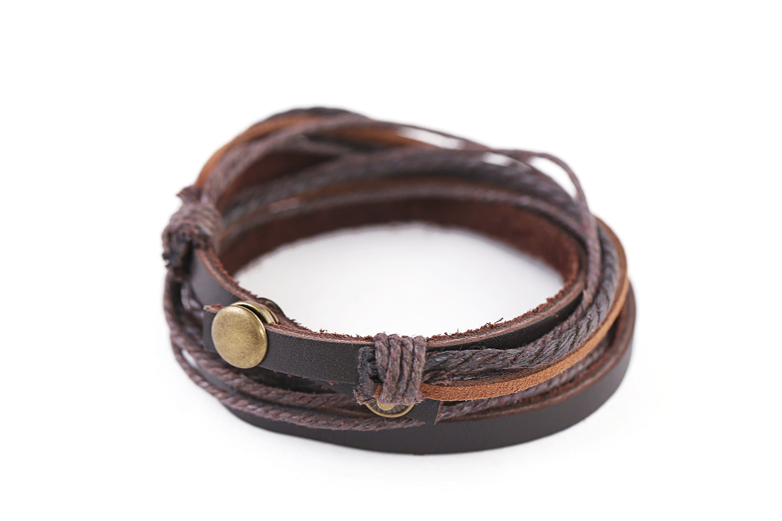 Perdy Jewelry Brown Leather Wrap Bracelet Handmade - Adjustable Wristband for Men or Women Multilayer Cuff Accessory with snap Clasp