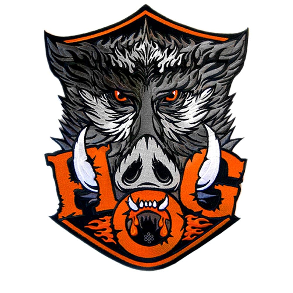 VEGASBEE Large HOG Wild Boar Head Motorcycle Owner Embroidered Patch for Biker Jacket Vest Big Size XL 12" USA