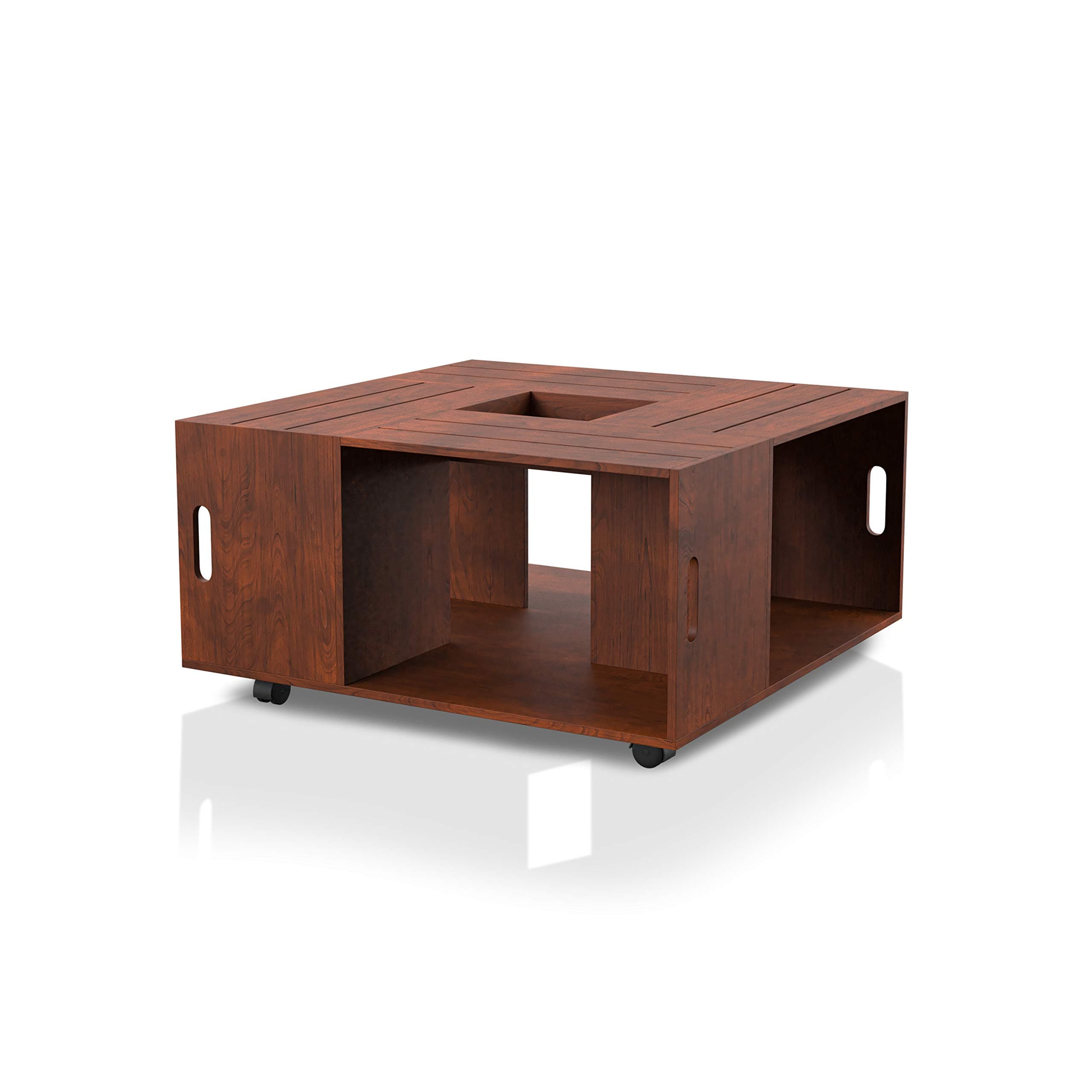 ioHOMES Trenton Contemporary Square Crate Coffee Table with 4 Open Shelves Center Tray Lays Flat and Caster Wheels for Living Room, 31", Vintage Walnut