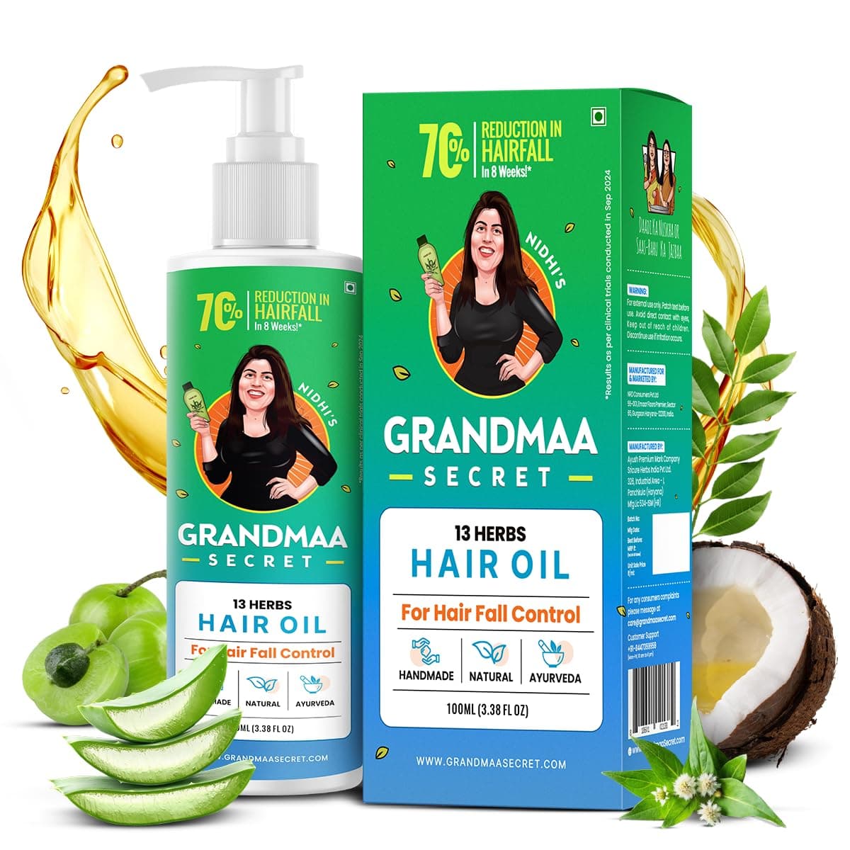 NIDHI'S GRANDMAA SECRET 13 Herbs Hair Oil - Handmade Natural Hair Oil with Coconut Oil, Curry Leaves, and more - Hair Fall Control Oil for Dry Damaged Hair - 100ML