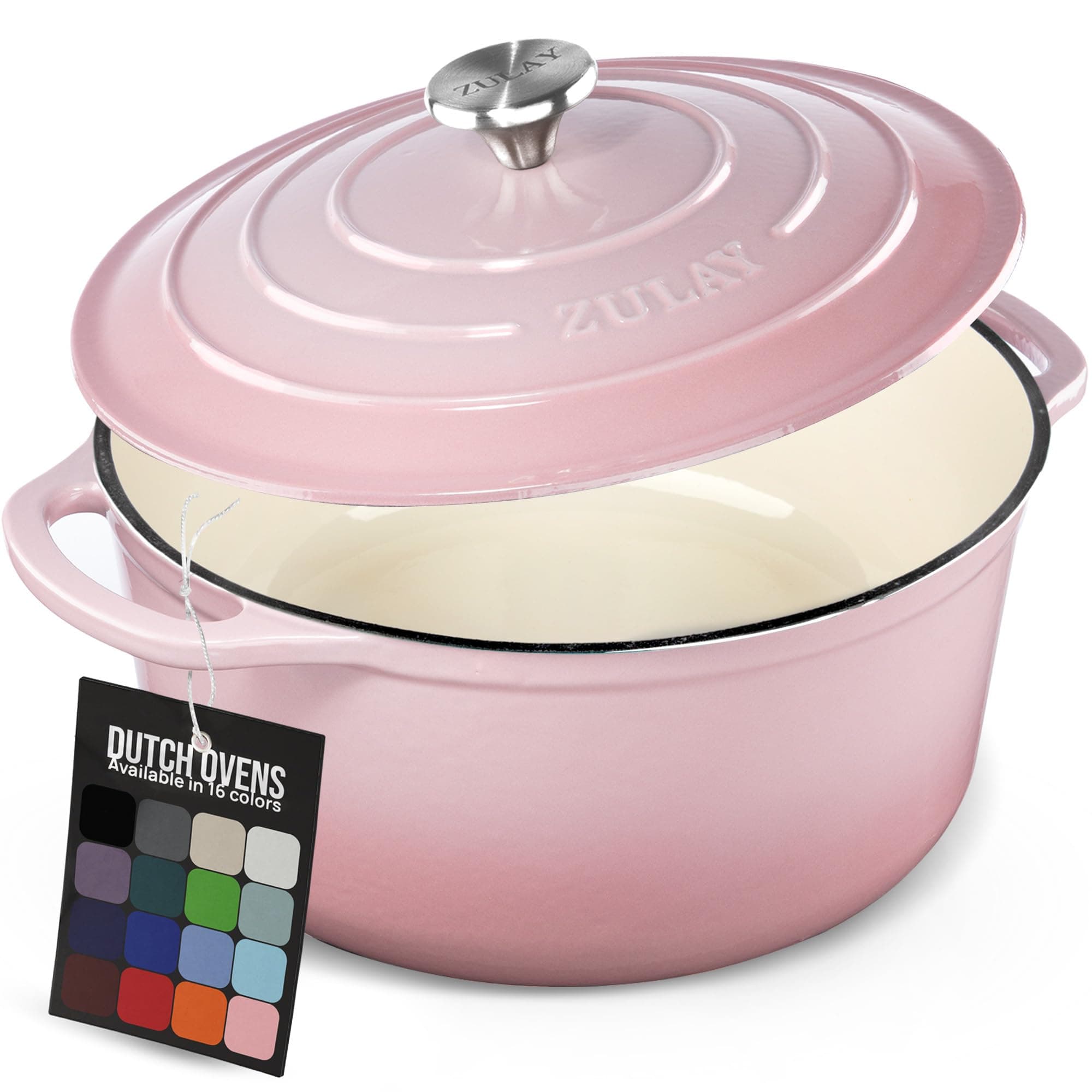 Zulay Kitchen 6 Quart Enameled Cast Iron Dutch Oven Pot with Lid – Premium Durability & Oven Safe up to 500°F – Heavy Duty Cookware Perfect for Bread Baking, Stews, Braising & Roasting – Pink
