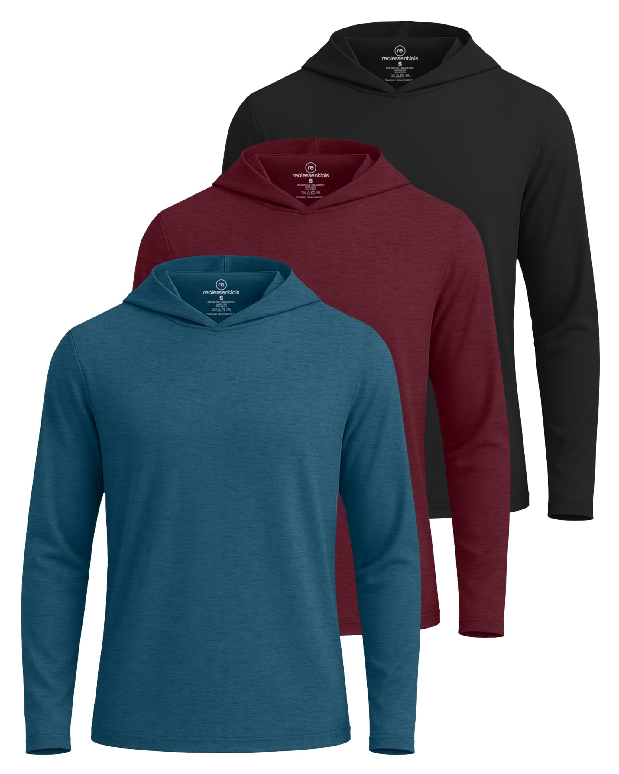 Real Essentials 3 Pack: Men's Dry Fit Wicking Long Sleeve Fishing Active Hoodie Pullover Sweatshirt (Big & Tall)