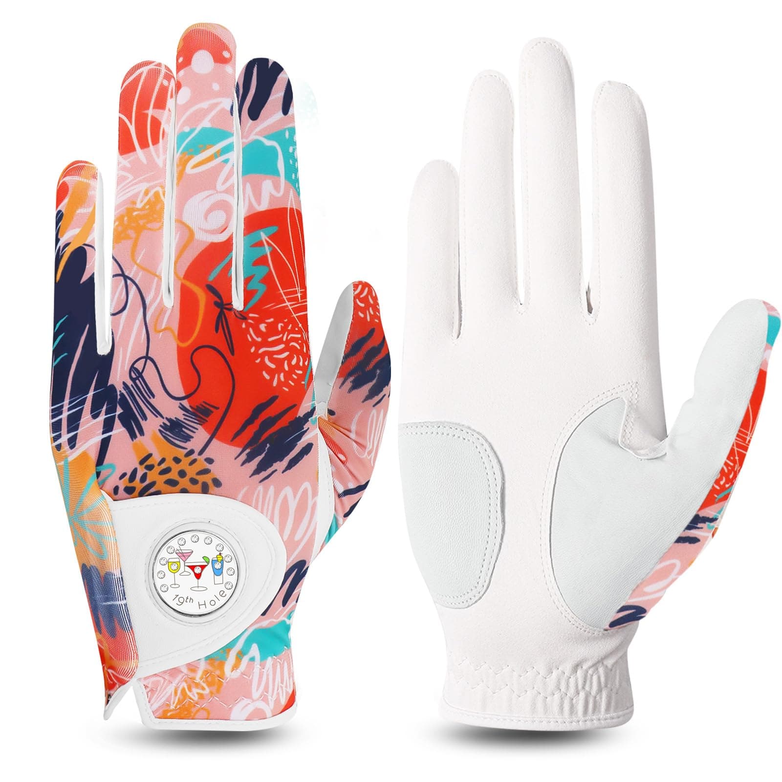 Stylish Golf Gloves Women with Ball Marker 1 Pack for Left or Right Hand, Breathable Glove with Fashion Patterns for Ladies Right Left Handed Golfer