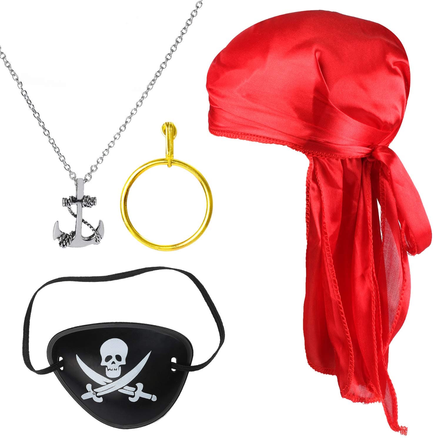 BeelittleBeelittle Halloween Pirate Costume Accessories Durag Long-Tail Headwraps Silky Pirate Cap Pirate Eye Patch Gold Earring Necklace Pirate Role Play Set (Red 1)