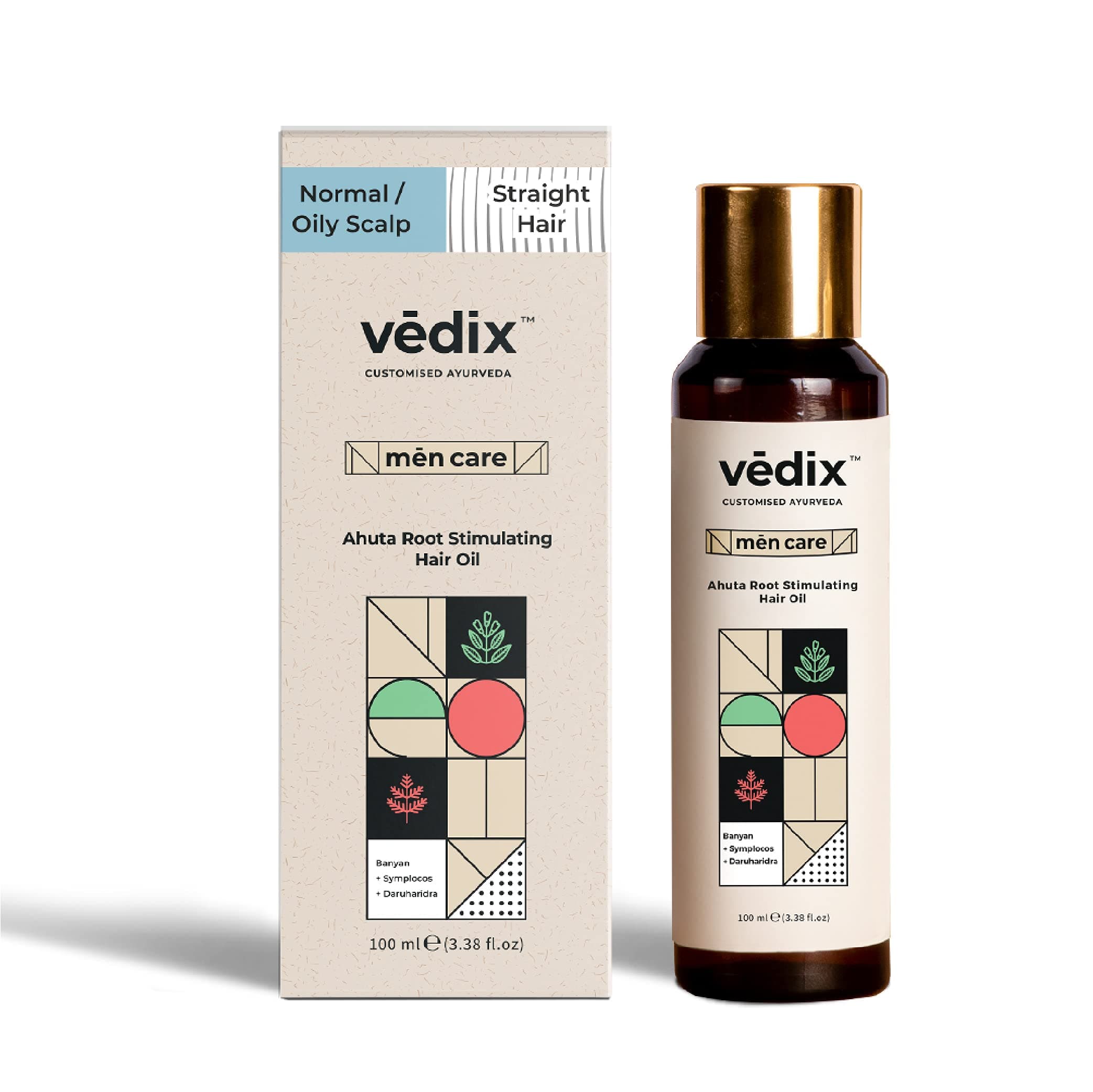 Vedix Hair Fall Oil For Men-Ahuta Root Stimulating Hair Oil With Banyan + Symplocos + Daruharidra Customized For Normal-Oily Scalp & Straight Hair-Customized Ayurveda For Hair Growth In Men-100Ml