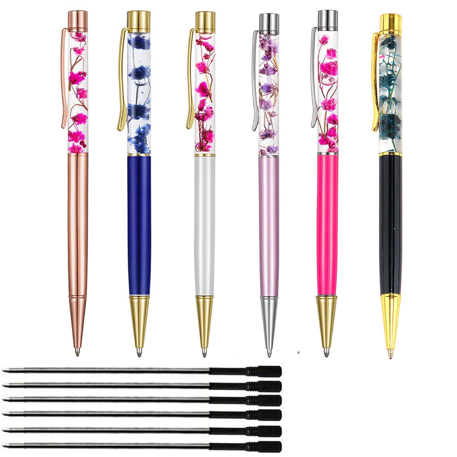 Ballpoint Pens,6PCS Metal Ball Pens Office Supplies, Dynamic Liquid Flower Pens for Desk Accessories. (Black Refill)