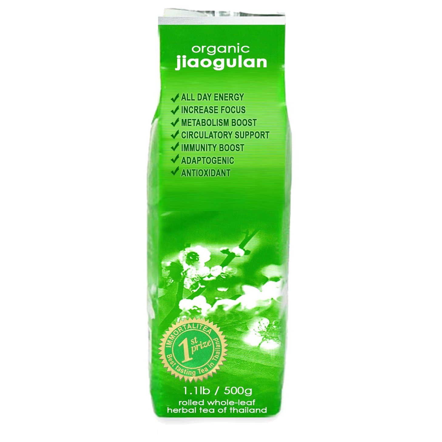 Jiaogulan Herbal Whole Leaf Tea | 500g Equal 500 8oz Cups | Award Winning Organic Gynostemma from Thailand since 2002 | Adaptogenic Stress Relief | All Day Energy without Caffeine