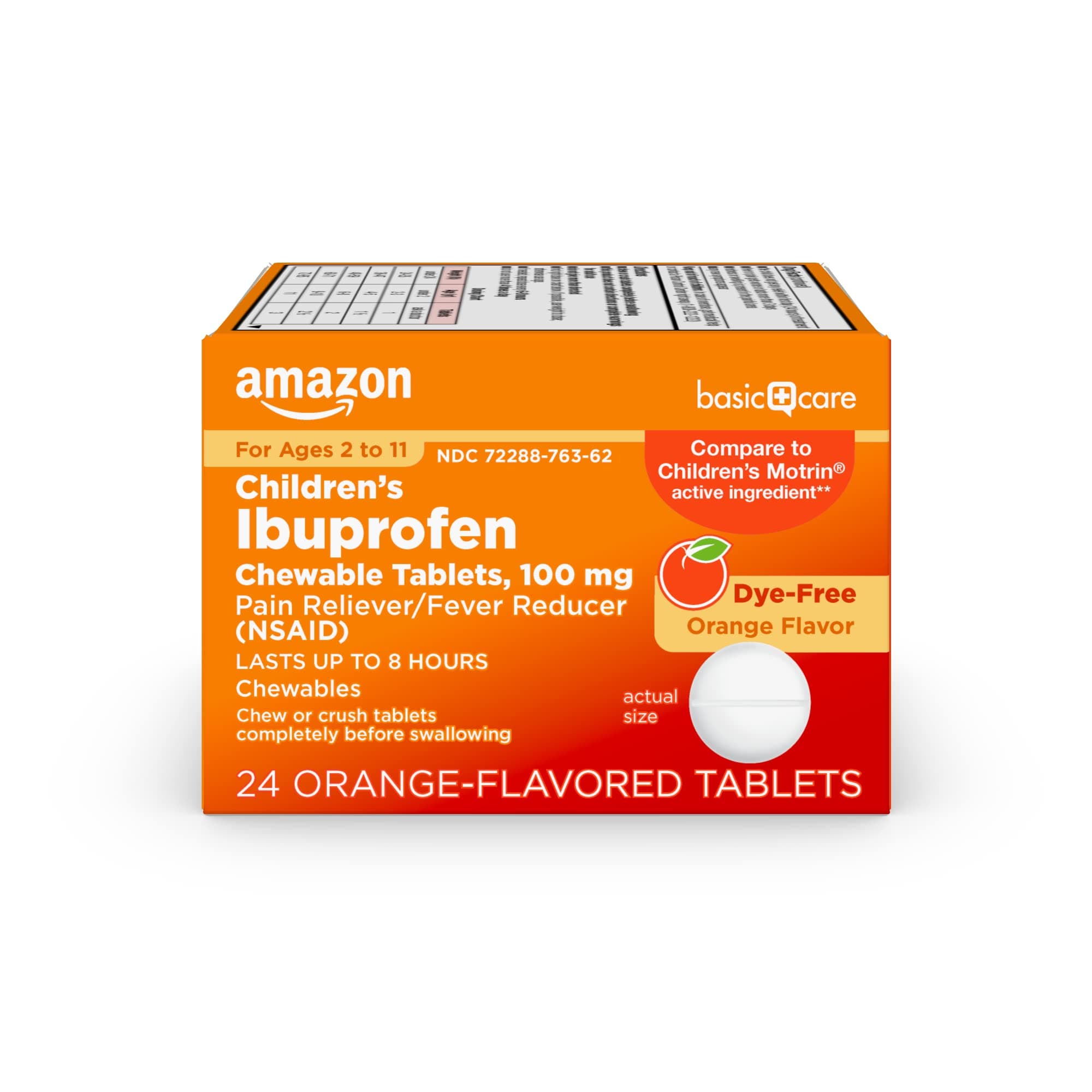 Amazon Basic Care Children's Ibuprofen Chewable Tablets 100 mg, Orange Flavor, Dye Free, Pain Reliever and Fever Reducer (NSAID), For Ages 2-11, 24 Count