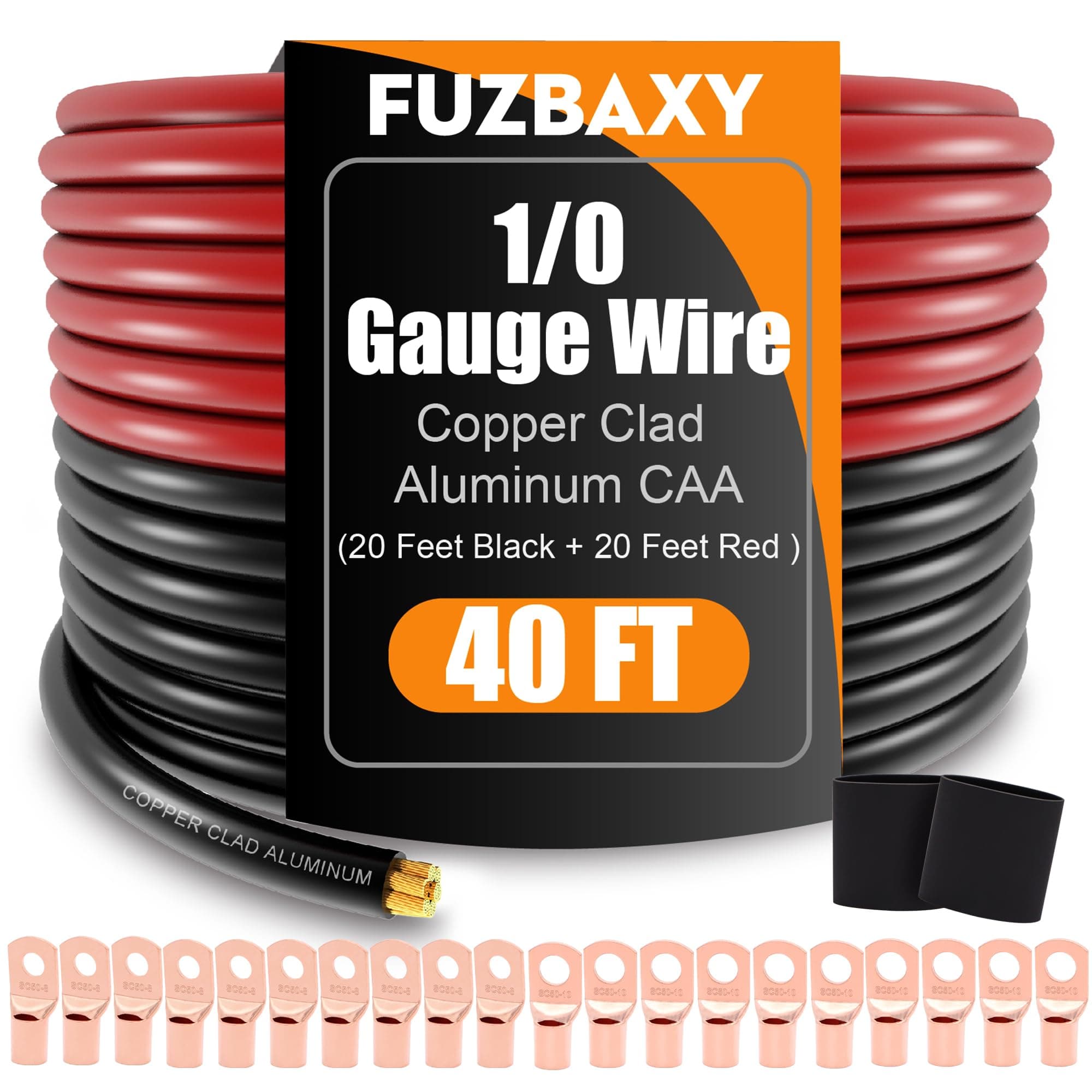 AWG 0 Gauge Wire (20Feet Black+20Feet Red) Copper Clad Aluminum,0 Gauge Battery Cable Wire Power Ground Cable,20pcs Lugs Terminal Connectors,Heat Shrink Tubing Suitable for Indoors,Outdoors,RV,Car