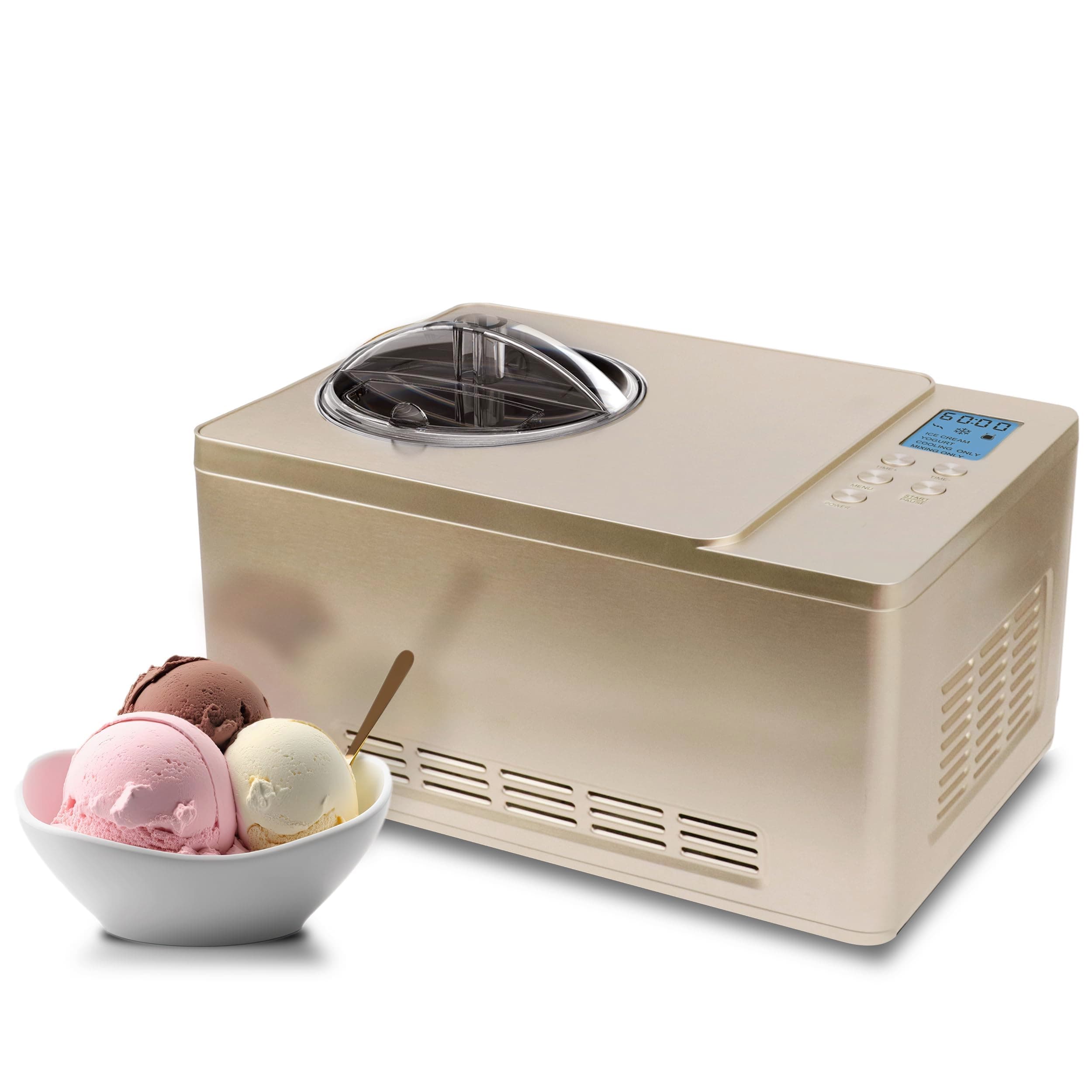 Whynter Ice Cream Maker Machine & Yogurt Automatic 2 Quart with Built-in Compressor LCD Digital Display & Timer, No Freezing Required, ICM-220CGY Champagne Gold