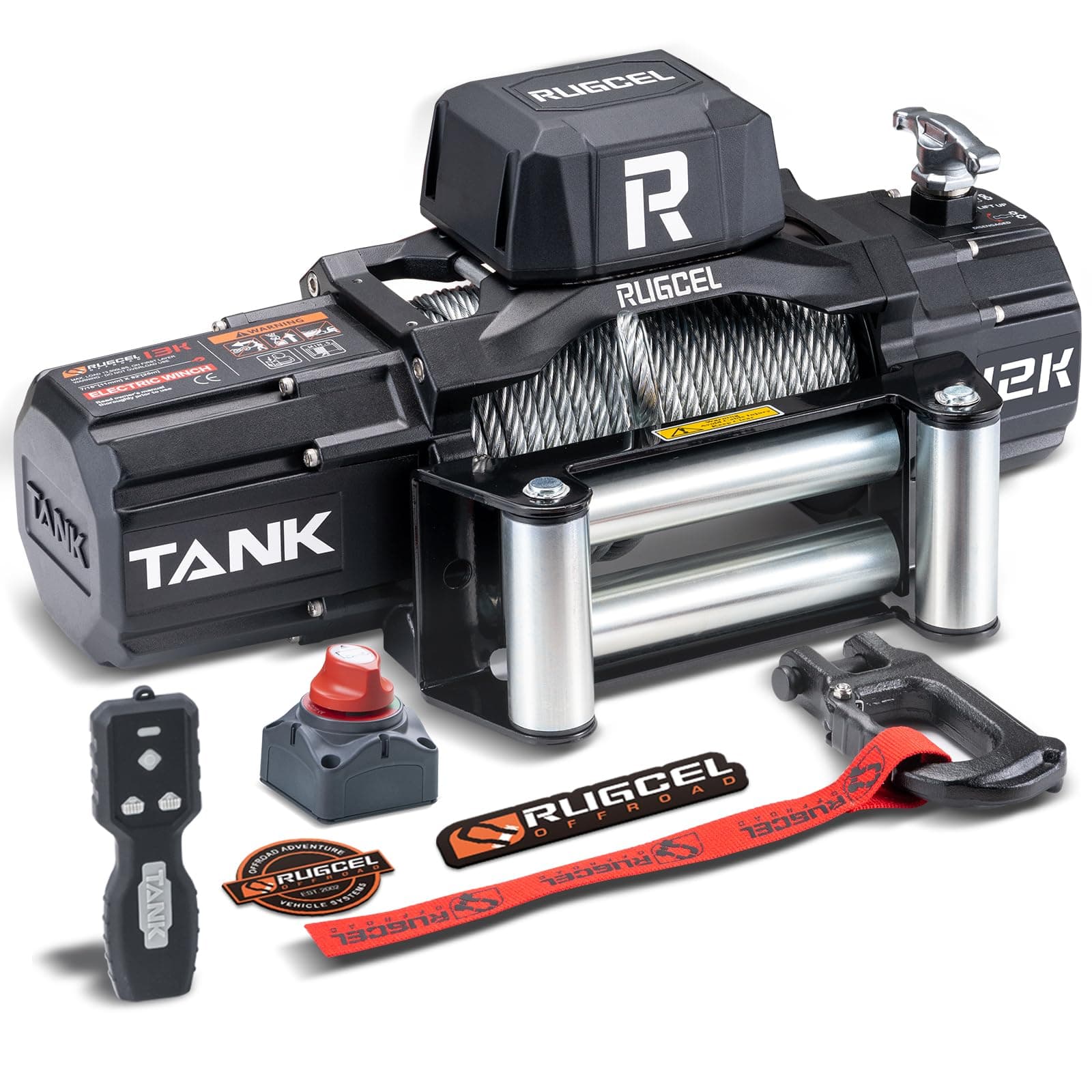 RUGCEL 12000lb New Waterproof Electric Steel Rope Winch 12V with Hawse Fairlead,2 in 1 Wireless Remote Control, Wired Control,for Truck SUV,Jeep Trailer Winch