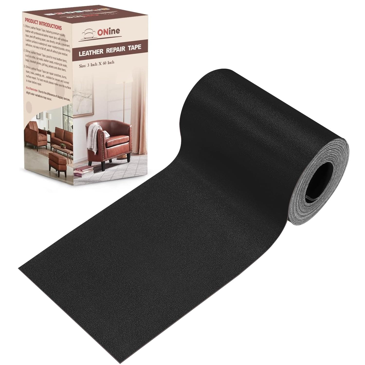 ONine Leather Repair Patch,Leather Repair Tape, 3 x 60 inches Leather Repair Patch for Furniture,Vinyl Repair kit,Leather Couch Patch,for Sofas, Furniture, car Seats(Black-Fine Grain)
