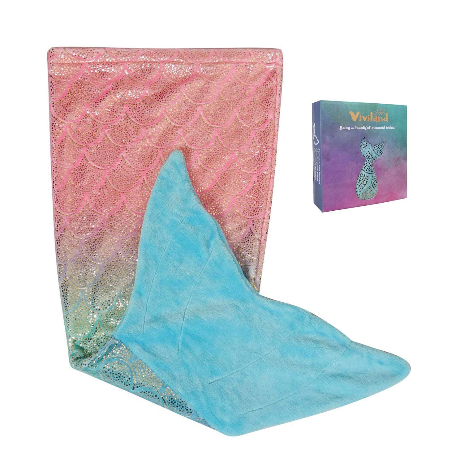 Viviland Kids Mermaid Tail Blanket - Girls Toddlers Mermaid Toys - Flannel Mermaid Blanket Gifts for Girls - Glittering Rainbow Ombre Mermaid Tale Blanket - Blue Tail 17"×39"