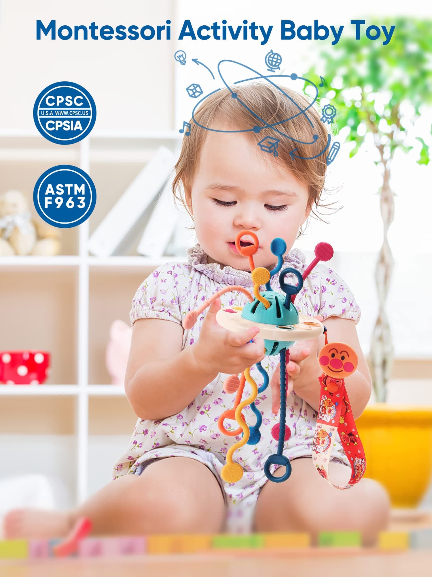 NATAKU Montessori Baby Sensory Toys - Tactile Stimulation,Travel toys Fine Motor Skills, Pull String Activity Silicone, Preschool Learing Boys Girls 18+ Months(Lanyard)