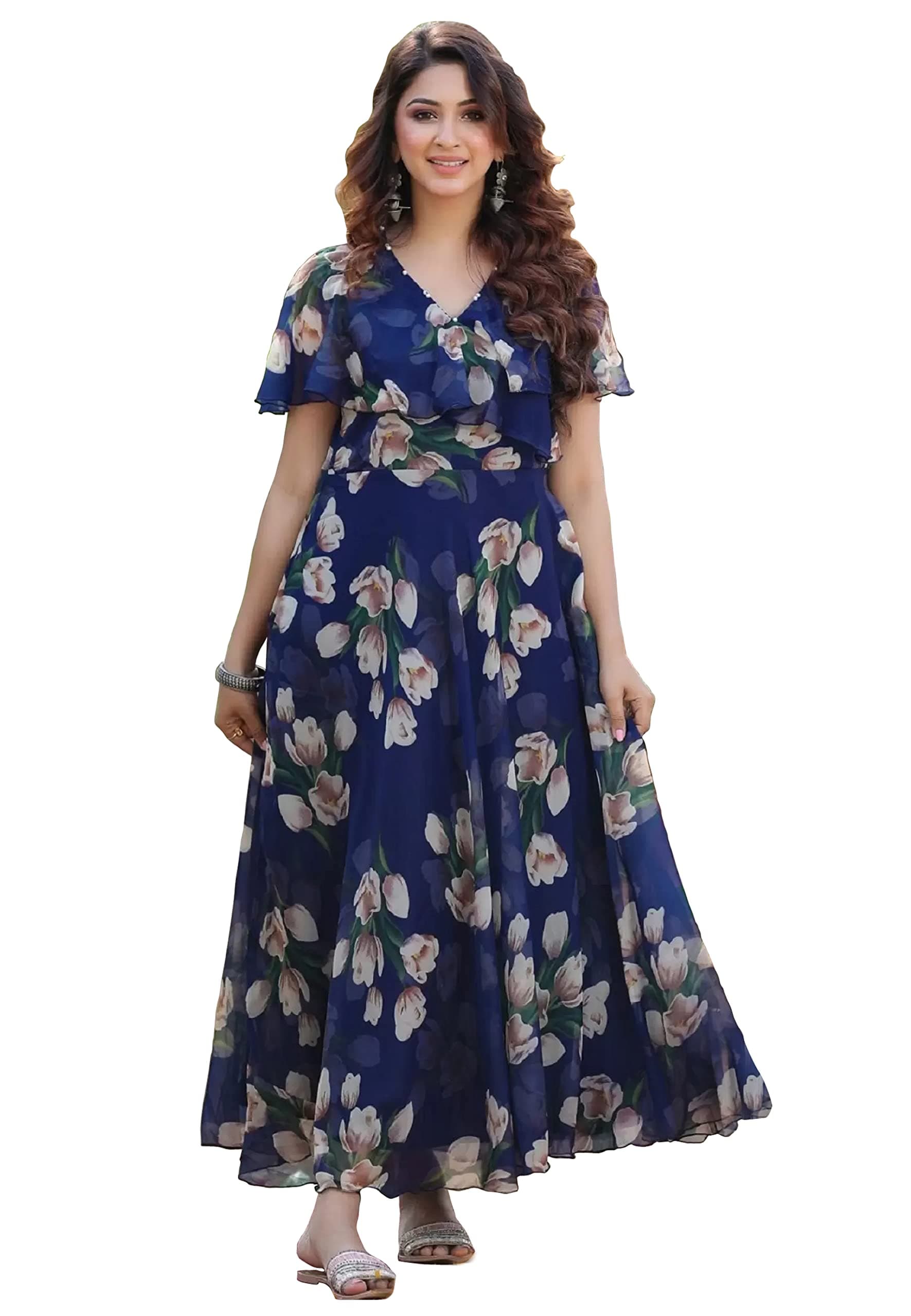 Women's Georgette Digital Floral Printed Gown Dress for Women