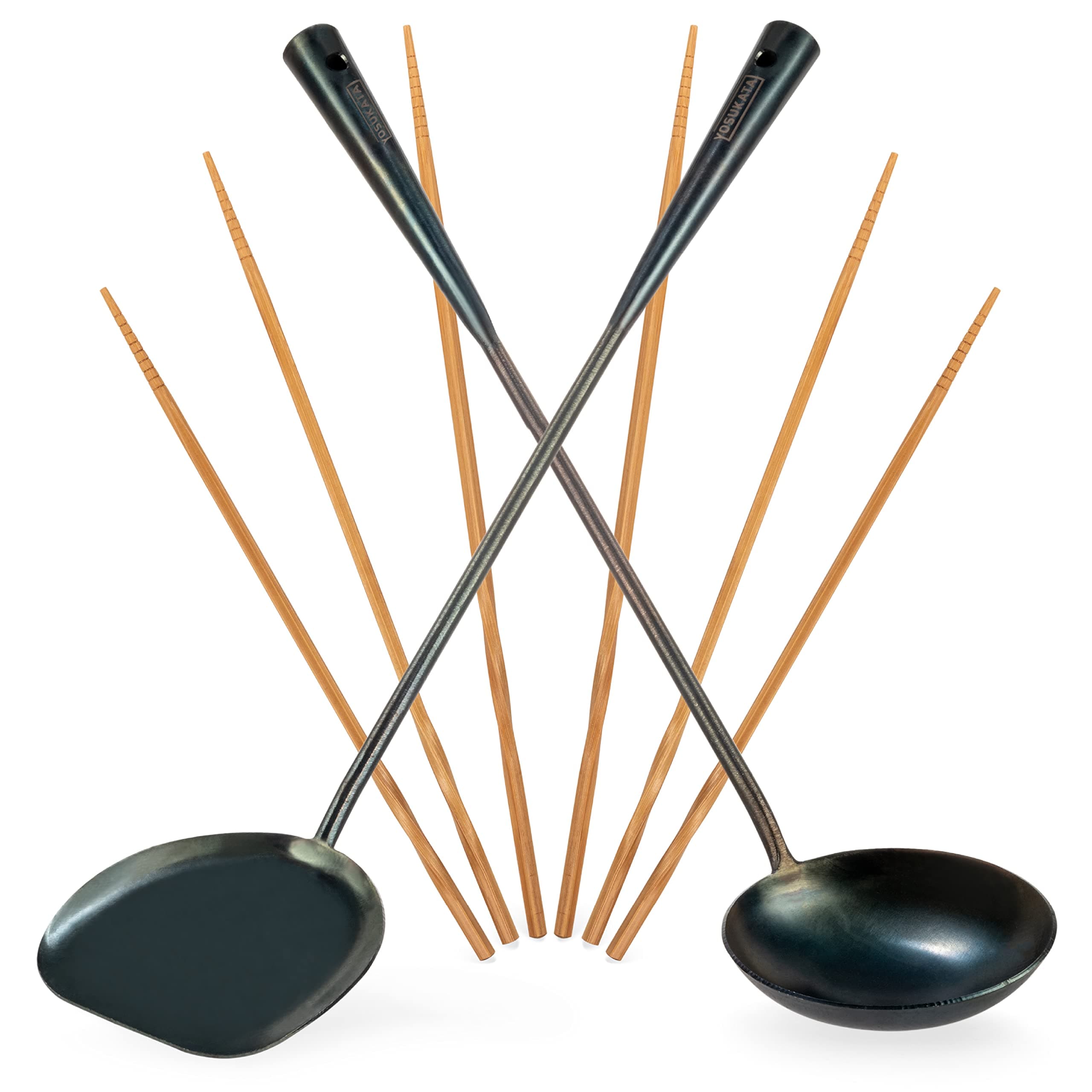 YOSUKATA 17-inch Pre-Seasoned Carbon Steel Wok Utensils Set - Blue - 5 Pieces - Wok Spatula, Wok Ladle, 3 Pairs of Chopsticks