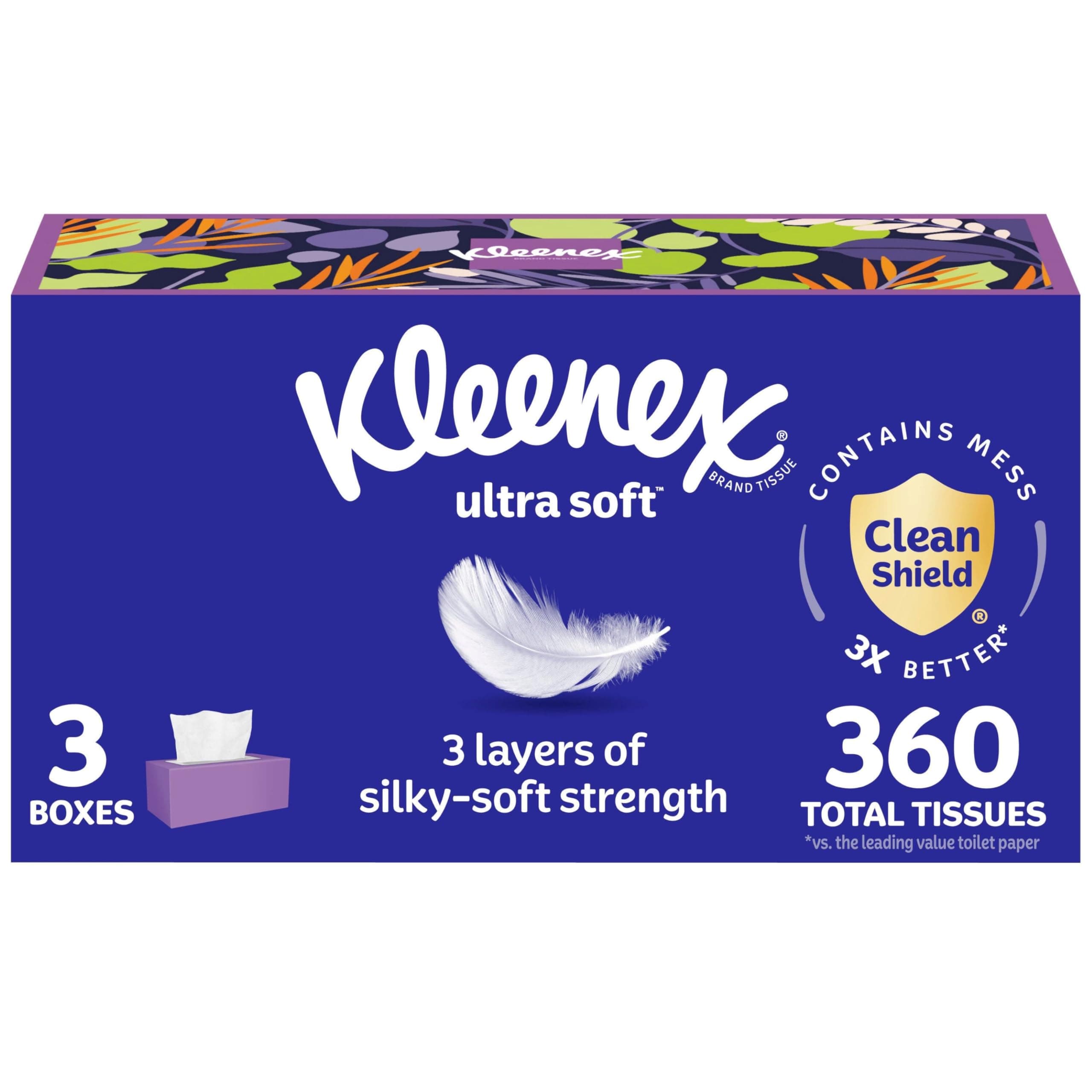 Kleenex Ultra Soft Facial Tissues, 3 Flat Boxes, 120 Tissues per Box, 3-Ply (360 Total Tissues), Packaging May Vary