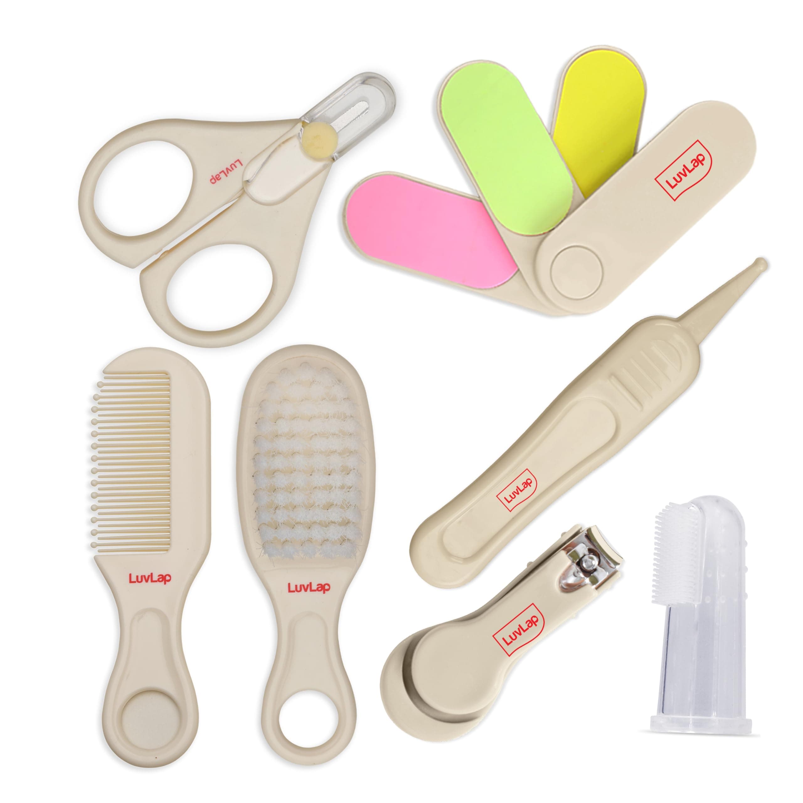 LuvLap 7In1 Baby Grooming Kit, Portable Baby Grooming Kit for New Born Baby, Finger Brush, Hair Brush, Comb, Baby Nail Scissor, Baby Nail Cutter,Tweezer,Nail Filer,Newborn,Infants,Toddlers, White, 0m+