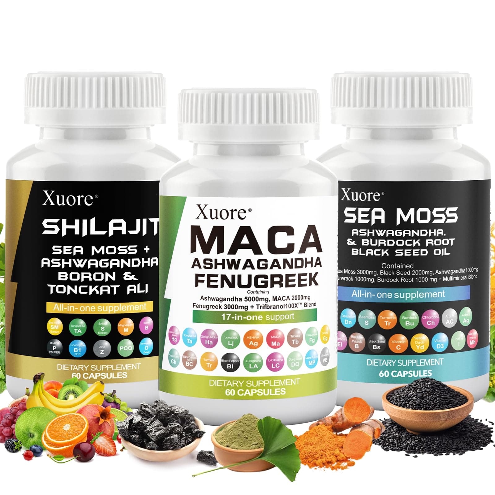 Sea Moss, Black Seed Oil, Ashwagandha, Ginger, Shilajit, Rhodiola Rosea, Panax Ginseng, Maca Root, Fenugreek, Trifibranol100X,All in 1 Supplements (1 Pack)
