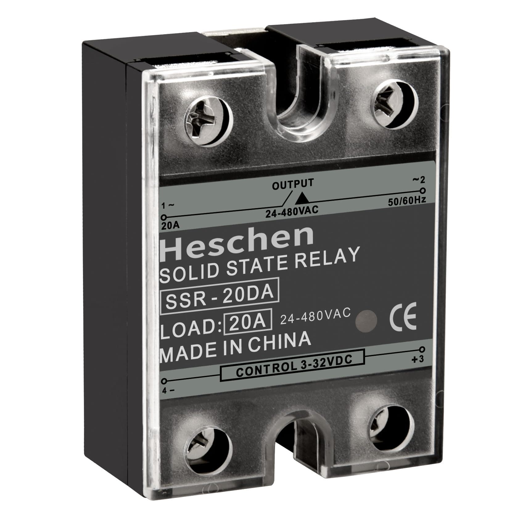 Heschen Single Phase DC/AC Solid State Relay, SSR-20DA, Input 4-32VDC, Output 24-480VAC, 20A 50-60Hz