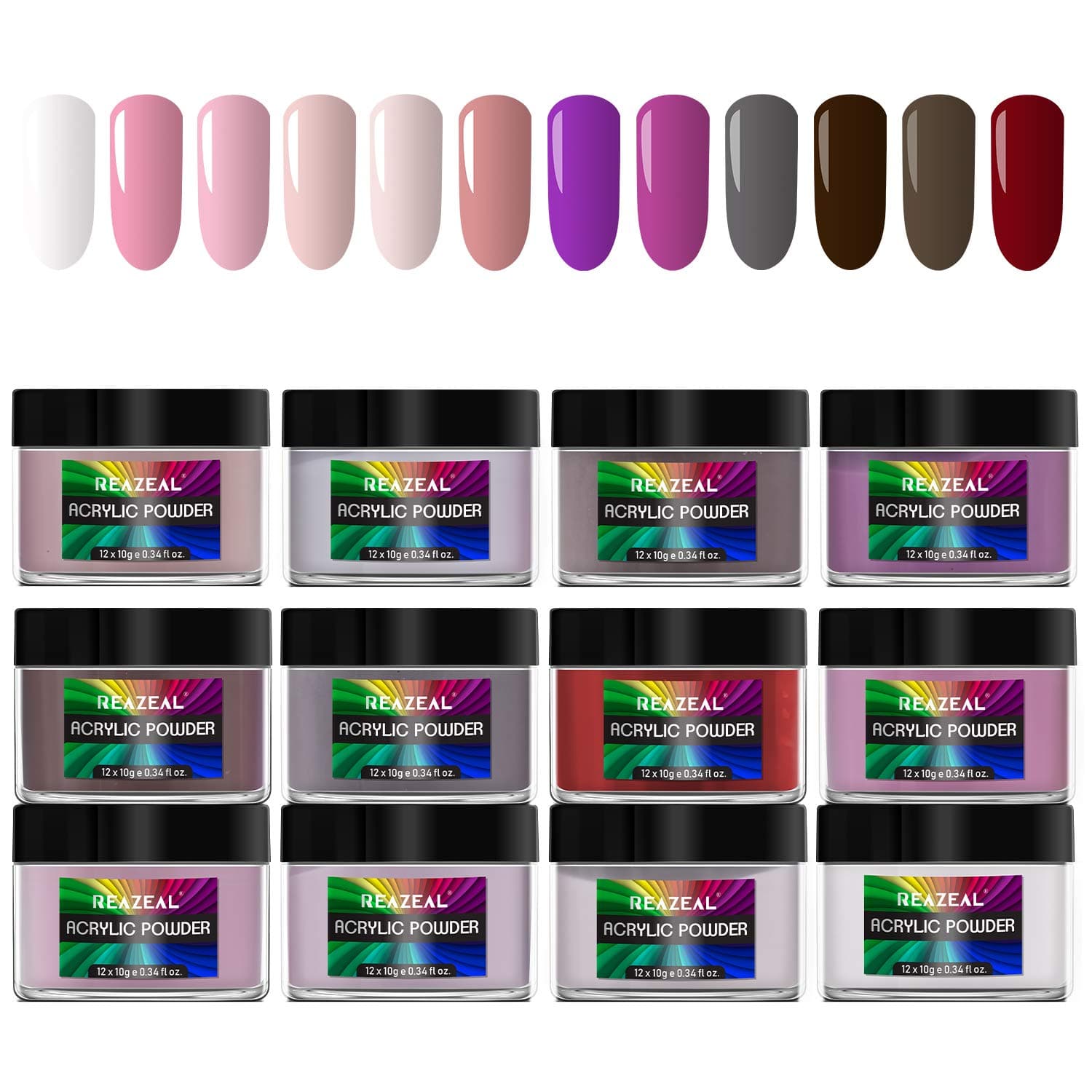 12 Colors Acrylic Powder set, Nail Extension, Non-Yellowing Formula, Acrylic Nail Art, DIY Nail Art, Reazeal