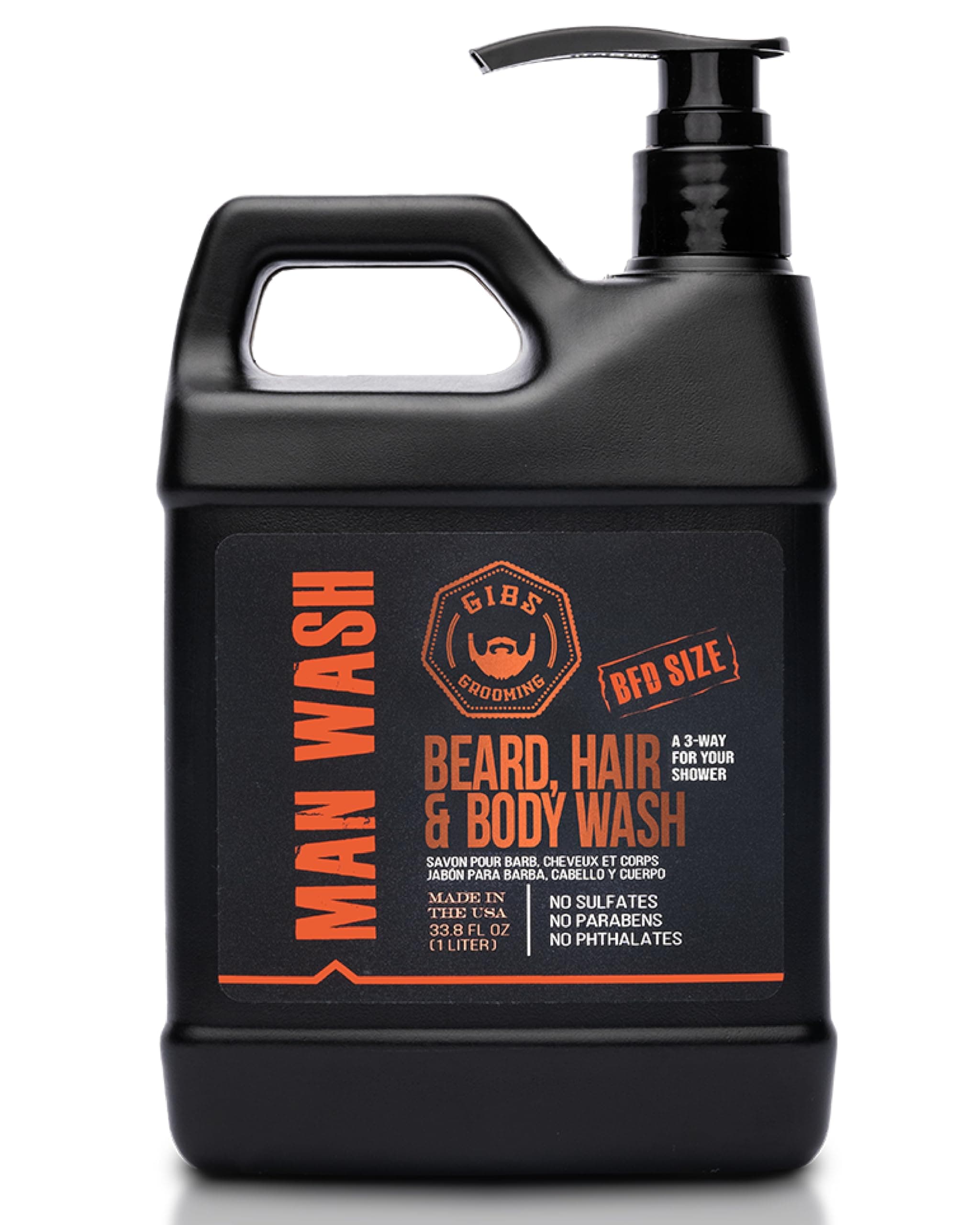 GIBS Grooming - Man Wash 3-in-1 Beard, Hair, Body Soap - Citrus, Oak, Basil Scent - Sulfate Free - Tea Tree Oil, Hemp Oil, Protein - Mens Body Wash & Mens Shampoo - Made in USA