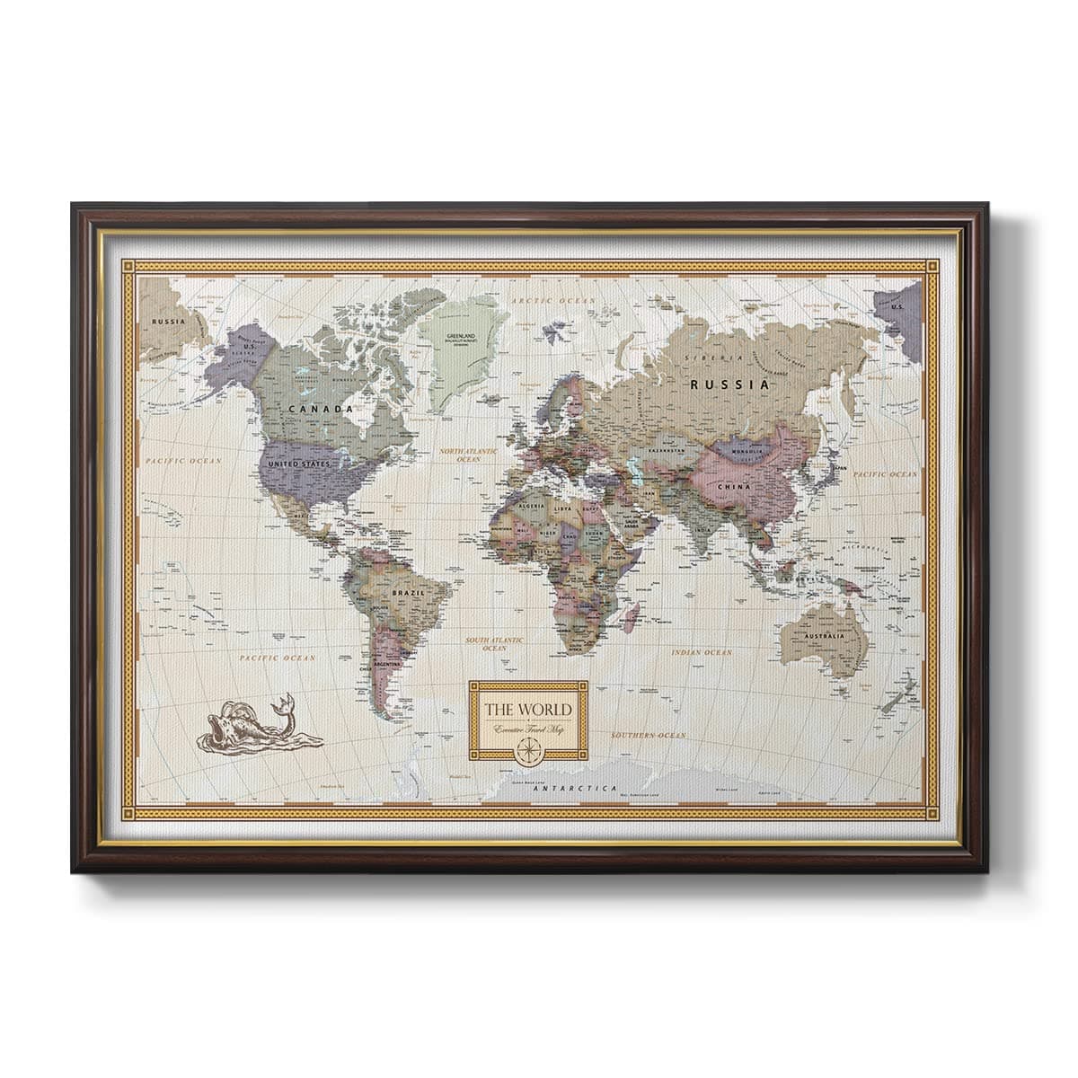Renditions Gallery Colorful World Map Canvas Wall Art with Walnut and Gold Frame Wall Hanging Travel Map with Push Pins for Home, Office, Classroom