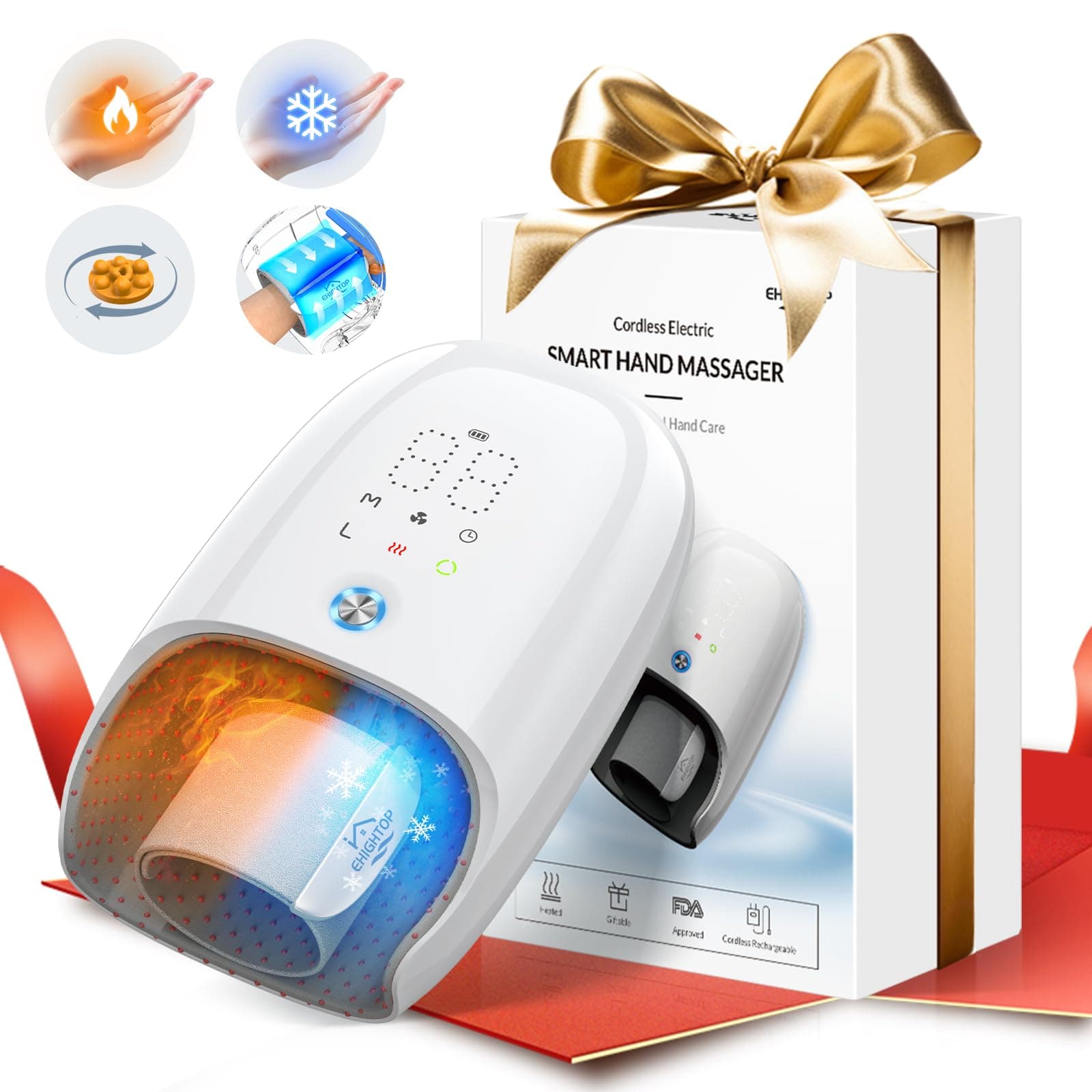 Hand Massager with Heat and Compression & Kneading Massage for Arthritis Carpal Tunnel Pain Relief, Cordless Hand Massager with 6 Modes & 6 Intensities, Birthday Gifts for Women Men Him Her Mom Dad