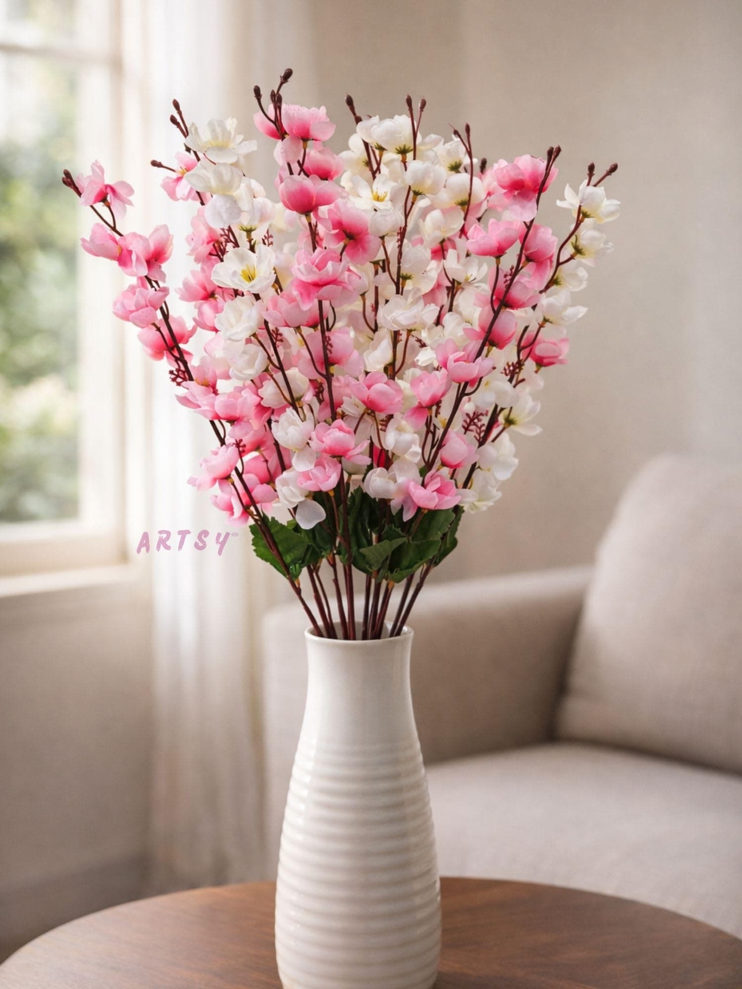 ARTSY® Artificial Flowers Bunch for Decoration Cherry Blossom, Ideal for vase, Home, Office Decor, Gifts, Craft, Artificial Plants for Decoration, Without vase, White Pink, Combo, 2 Pieces