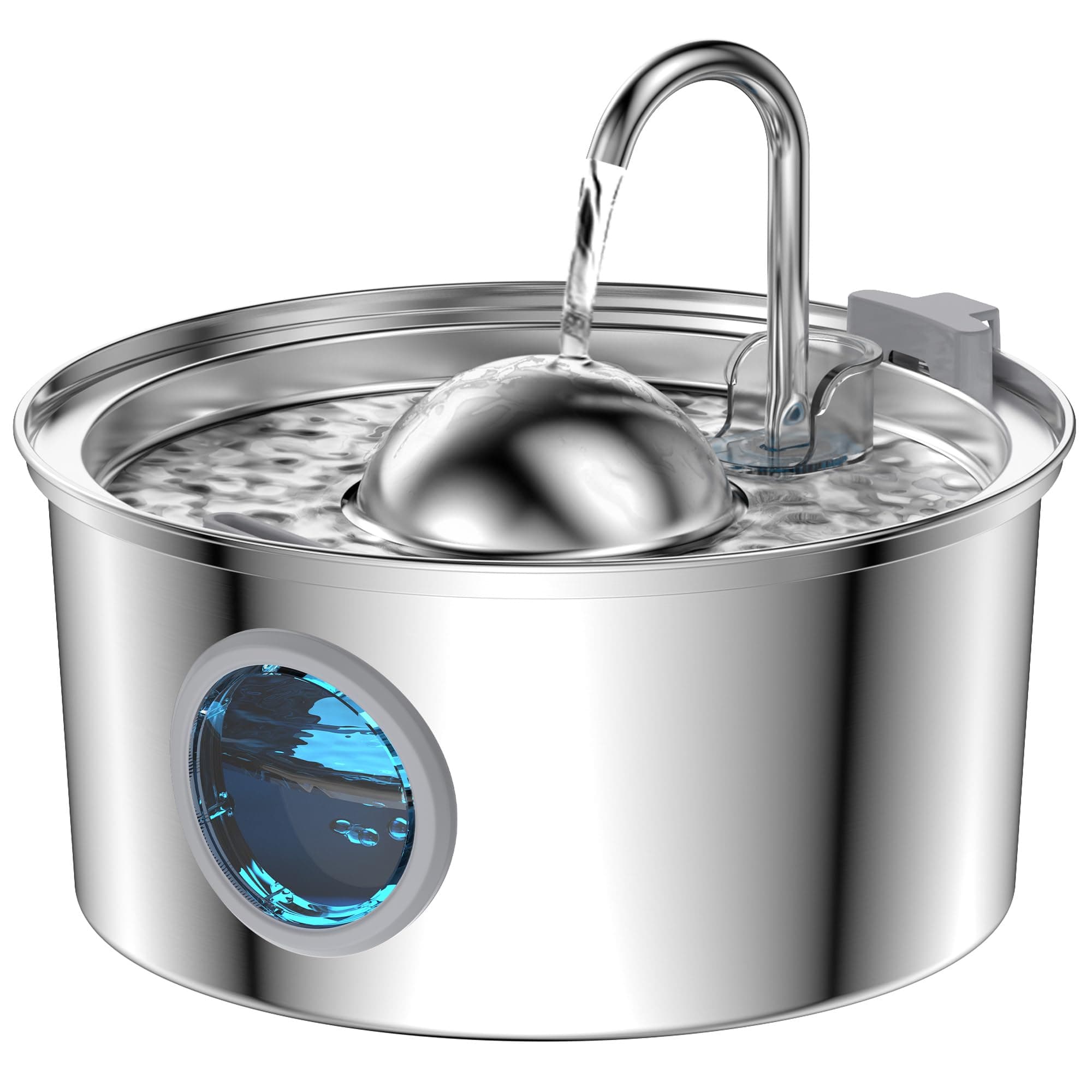 Cat Water Fountain Stainless Steel, 108oz/3.2L Cat Fountain, Pet Water Fountain with Water Level Window, Hemispherical Shape, Multi-Filter, Silent Pump, Water Tap, Provides Flowing Water