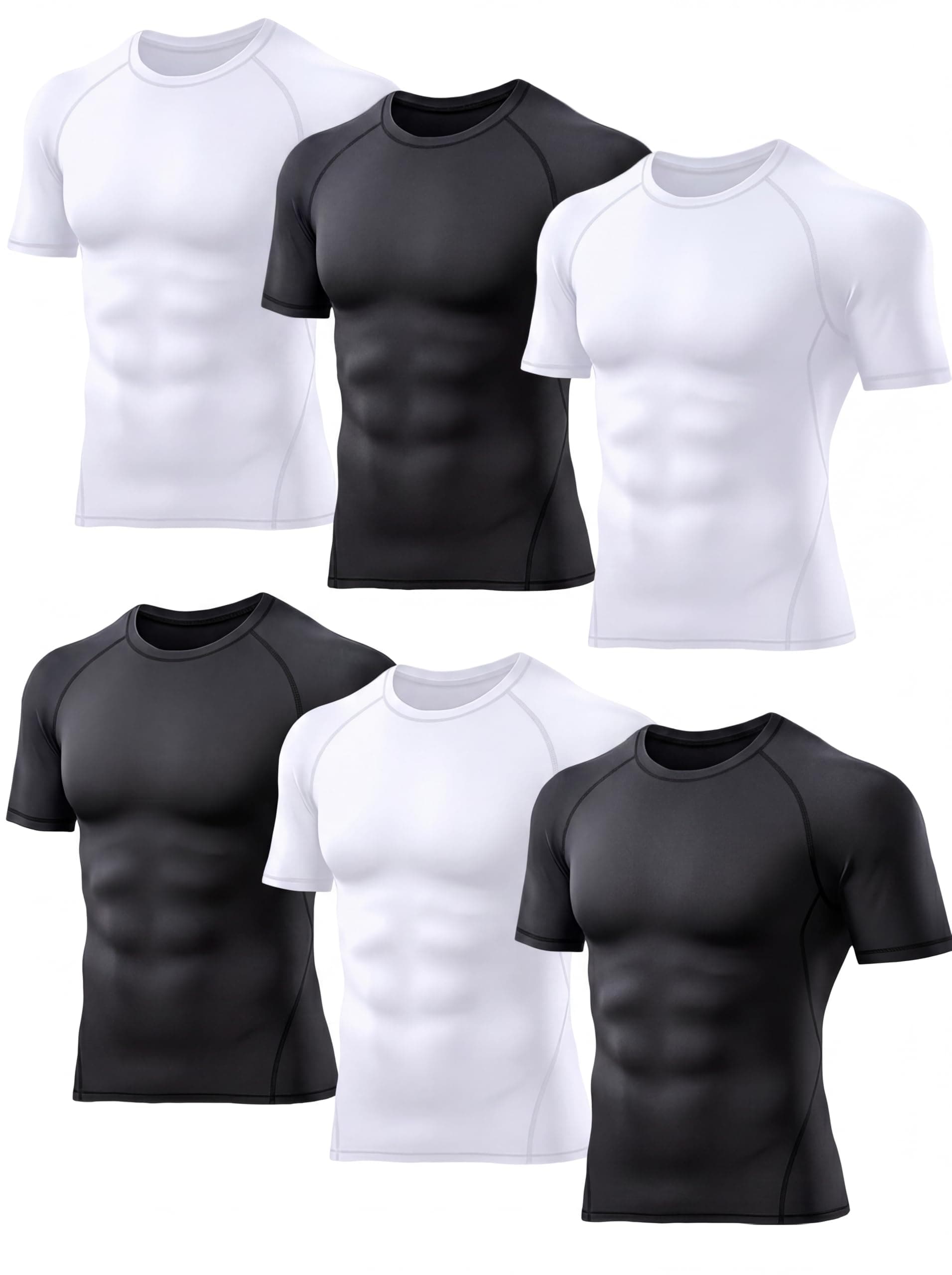 6 Pack Men's Compression Shirt Short Sleeve Athletic Baselayer Sports T Shirts Workout Tops for Men Black White