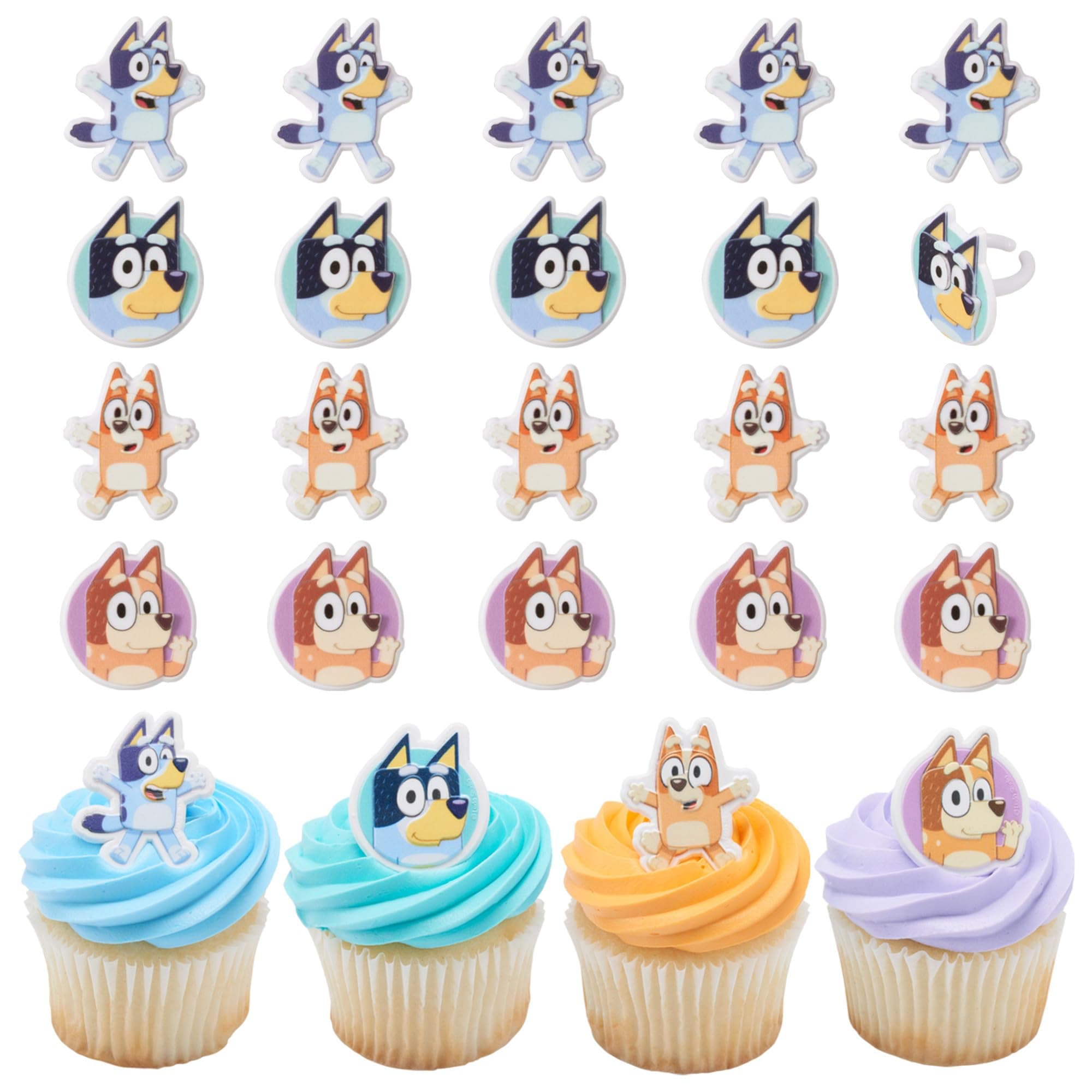 Bluey So Much Fun Rings, 24 Cupcake Decorations Featuring Bluey, Bingo, Bandit, and Chilli, 3D Food Safe Cake Toppers – 24 Pack