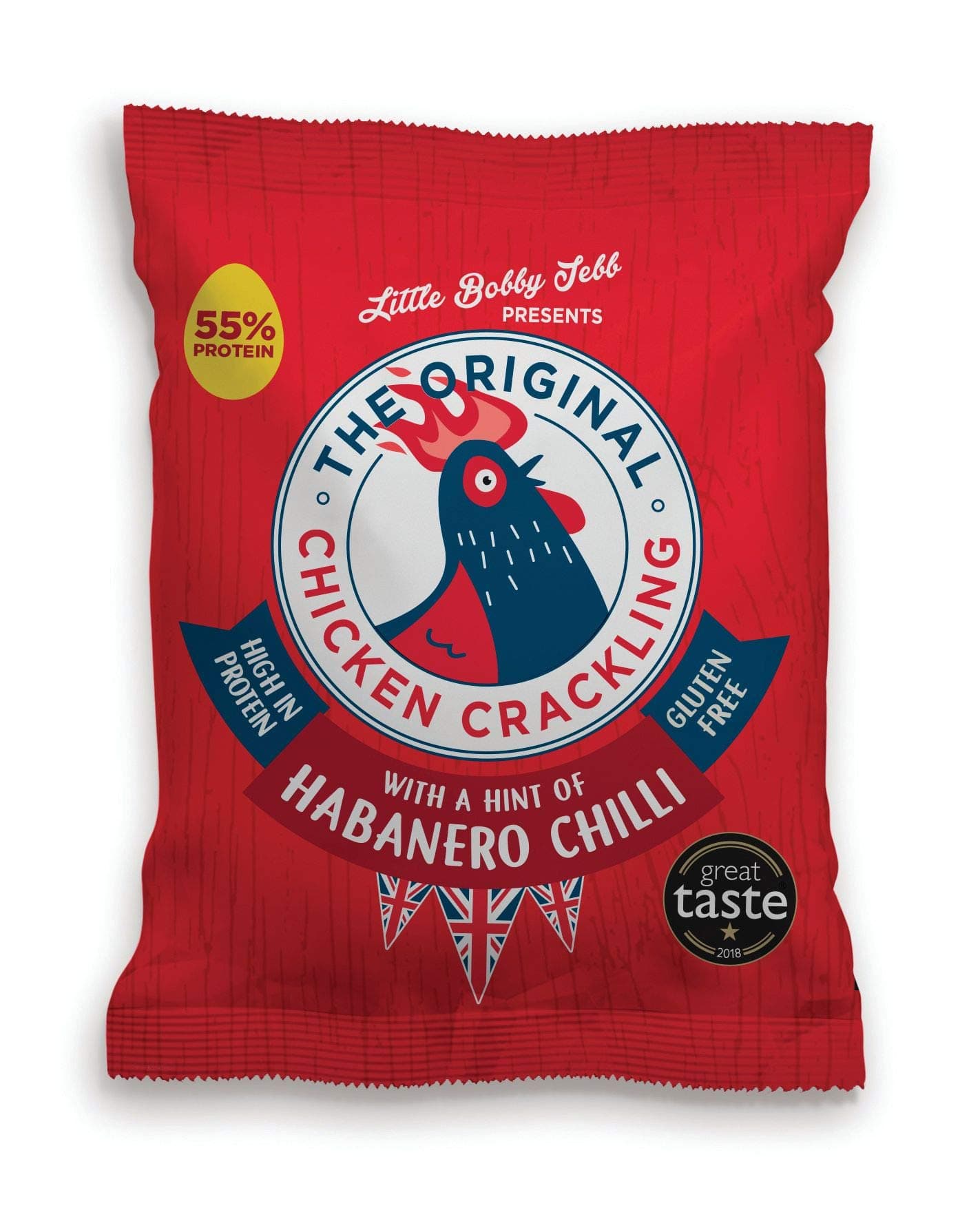 Chicken Crackling Hand Cooked Snack. Hint Of Habanero Chilli Flavour. Low Carb, High Protein, Keto, Gluten-Free Alternative To Pork Scratchings. 10x 30g Bags