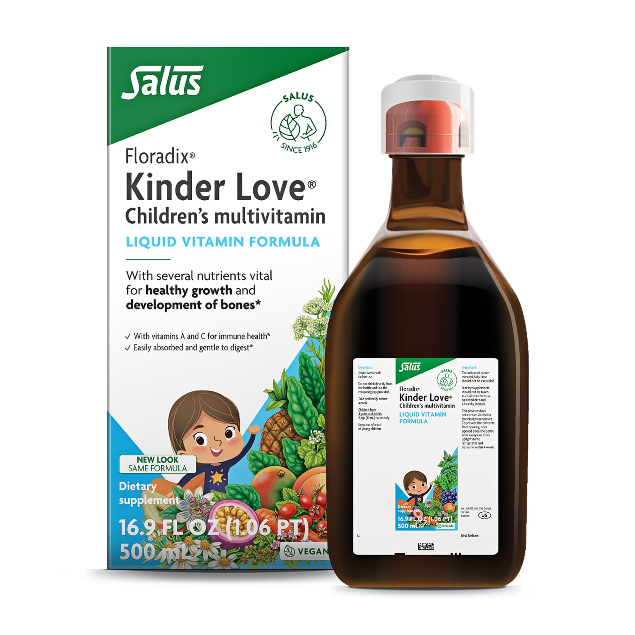 Kinder Love Children's Multivitamin - Herbal Supplement - Liquid Multivitamin for Kids - Vitamins A, C, D & E, Calcium & More - Vegetarian, Non-GMO, Gluten-Free - 16.9 fl oz