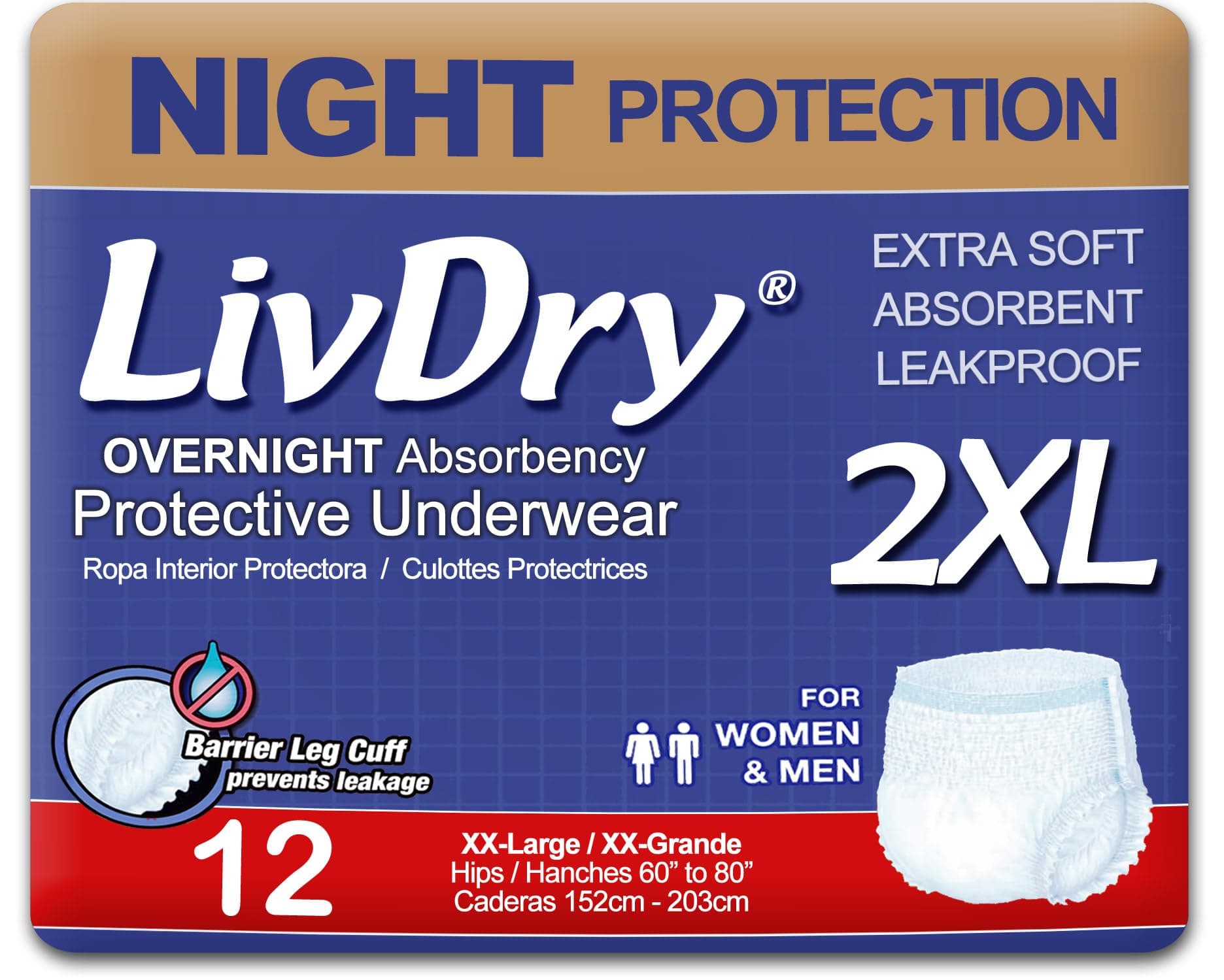 2XL Overnight Adult Diapers for Women and Men, XXL Incontinence Underwear, 60”-80" Waist, Disposable Pull-On Briefs, XX-Large, 12 Pack