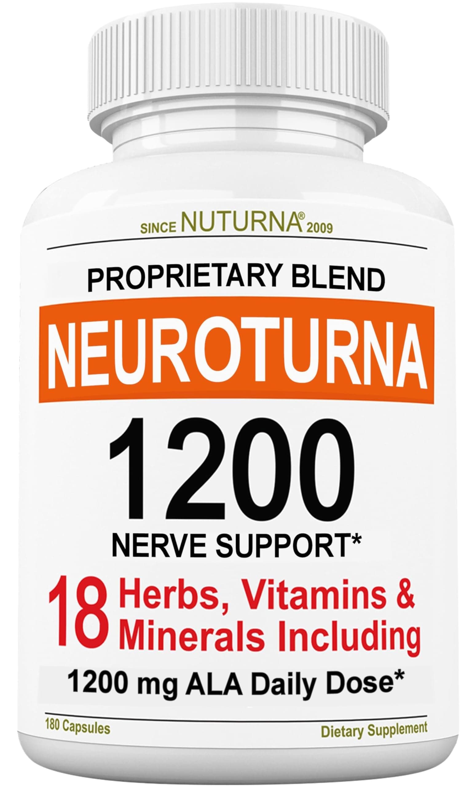 Neuroturna Support Supplement with 1200 mg Pure Alpha Lipoic Acid - Maximum Strength Formula with ALA + Vitamins + Minerals + Herbs - Best Natural Support - 180 Capsules