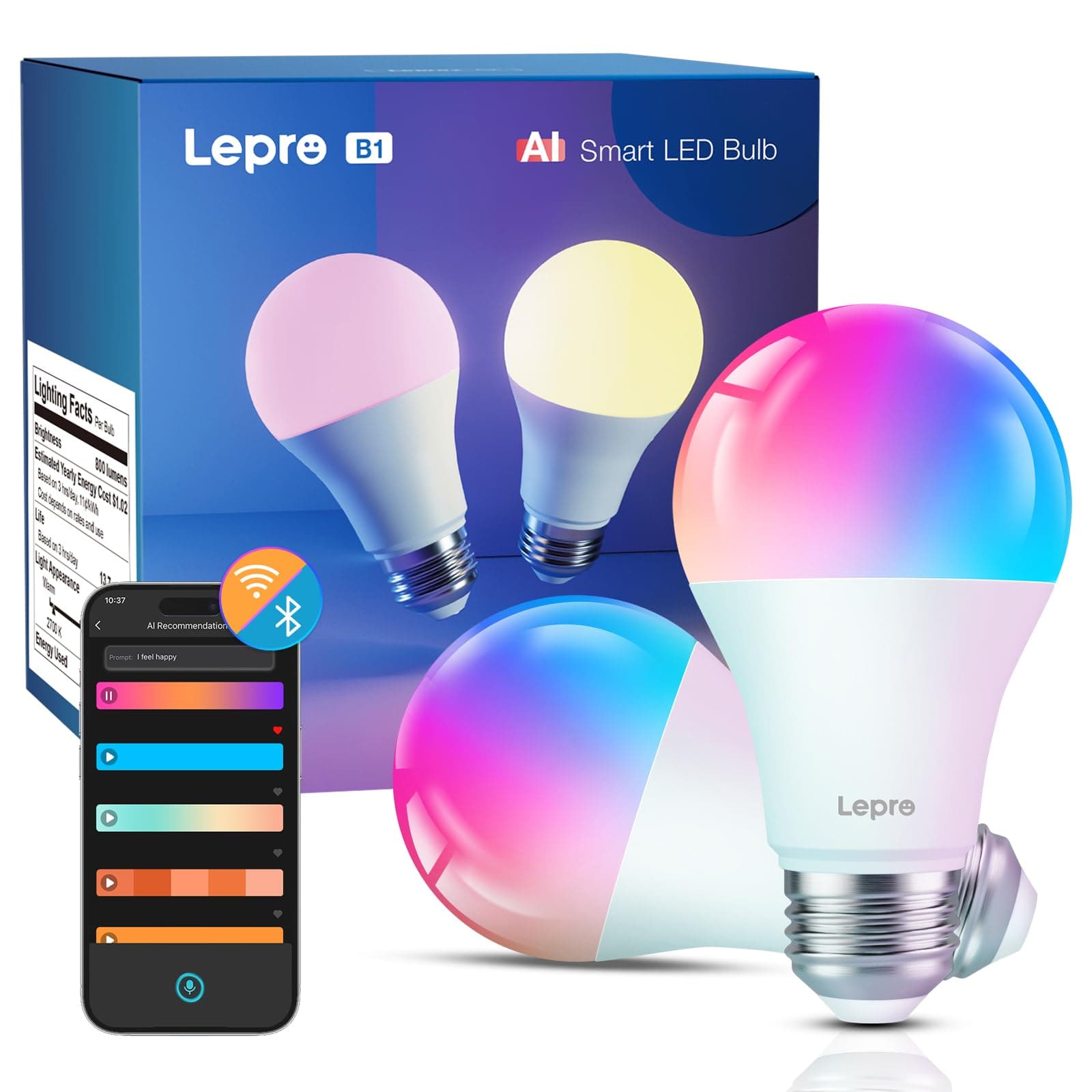Lepro B1 AI Smart Bulb E27, 806LM 8.5W (Replace 60W), Music Sync Bluetooth & WiFi Bulb, Voice Control Screw Light Bulbs, Personalized AI Lighting Designer, Work with Alexa & Google Assistant, 2 Packs