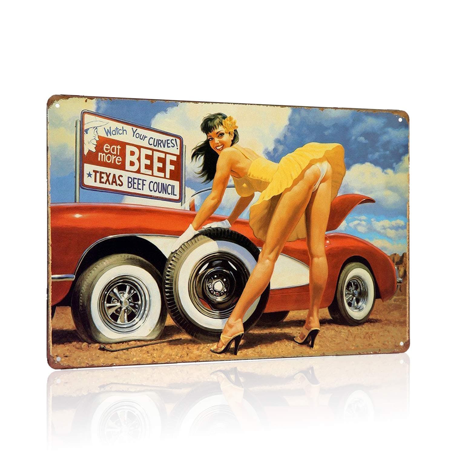 Man Cave Bar Decor Garage Tin Sign Watch Your Curves Eat More Beef 8x12 Inch