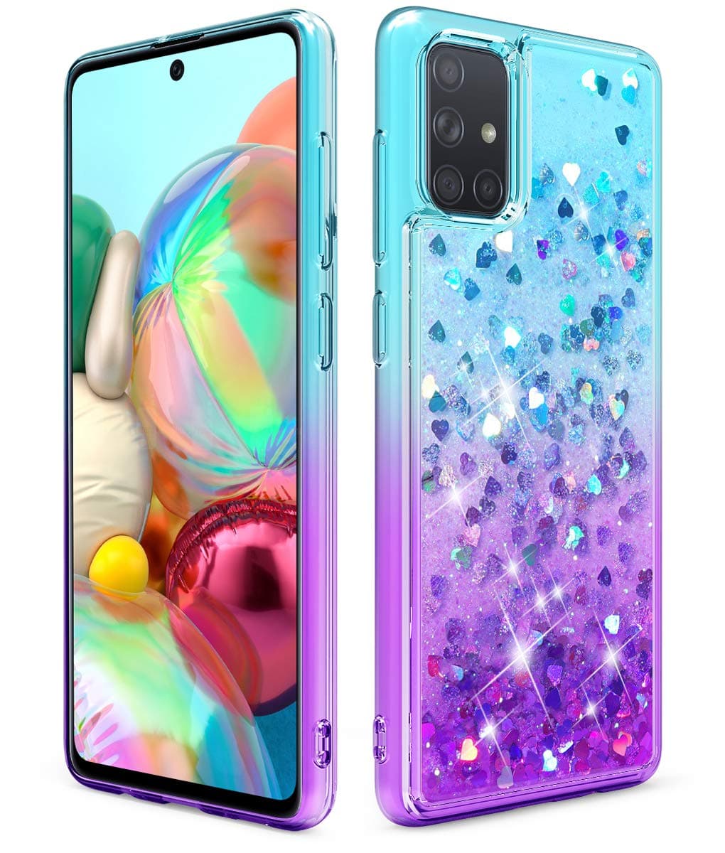Dzxouui for Samsung A71 Case(Not Galaxy A71 5G),TPU Protective Cover for Girls and Women Bling Sparkle with Moving Quicksand Glitter Cute Phone Case for Samsung Galaxy A71(Teal-Purple)