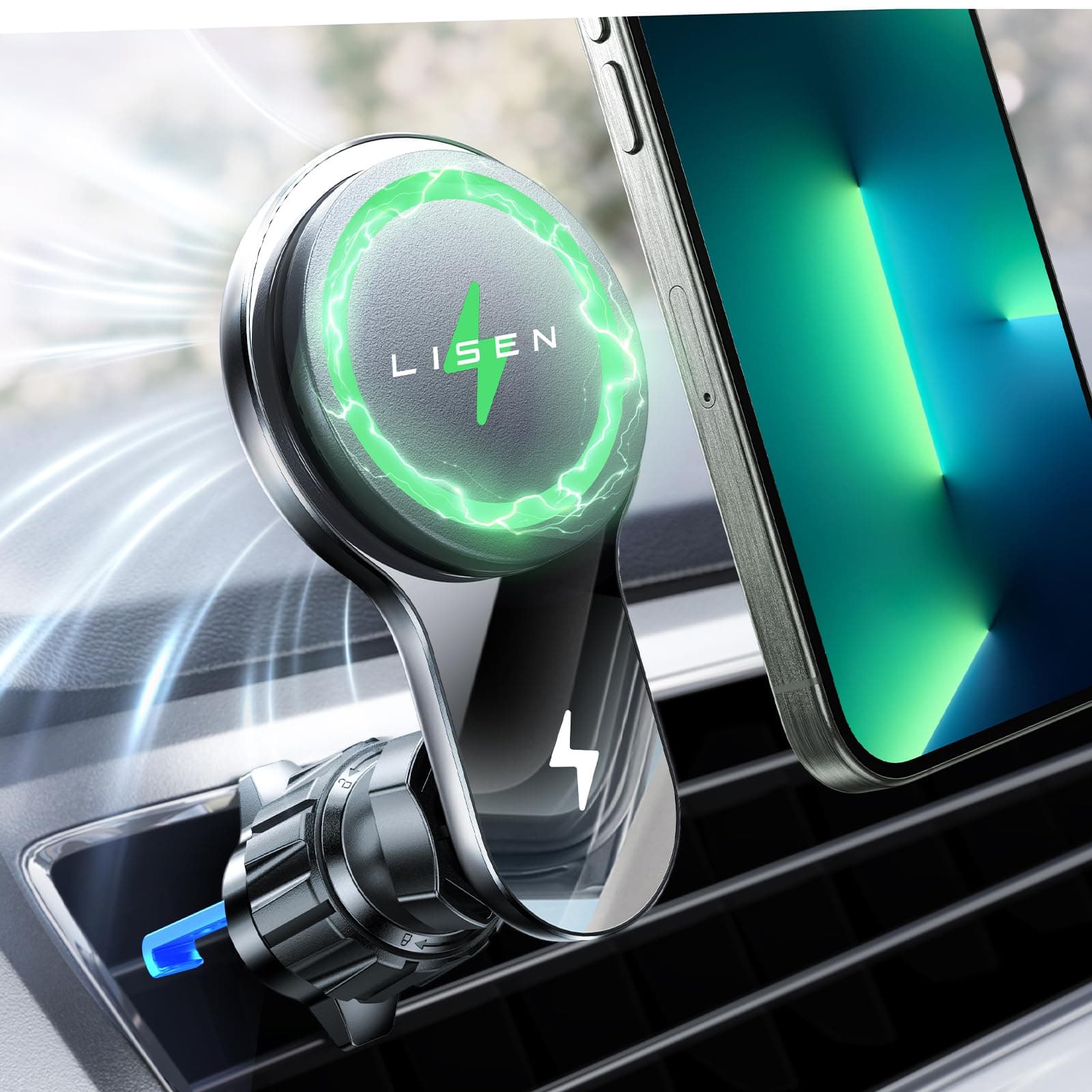 LISENfor 15w Magsafe Car Vent Mount Charger with Turbo Fan Cooling (-8°C Reduction) for iPhone 16 Wireless Magnetic Car Phone Holder Mount Charger Fit for iPhone 16e 16 15 14 13 12 Samsung Android