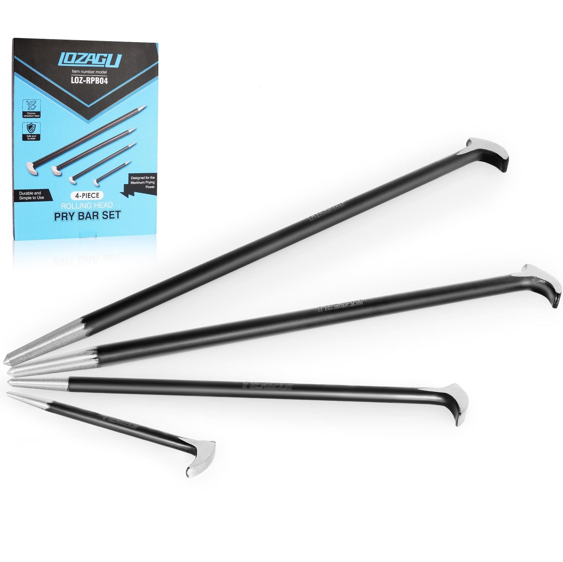 LOZAGU 4-Piece Rolling Head Pry Bar Set for Garages, Heavy Duty Pry Bar Set, 6-Inch, 12-Inch, 16-Inch, 20-Inch.