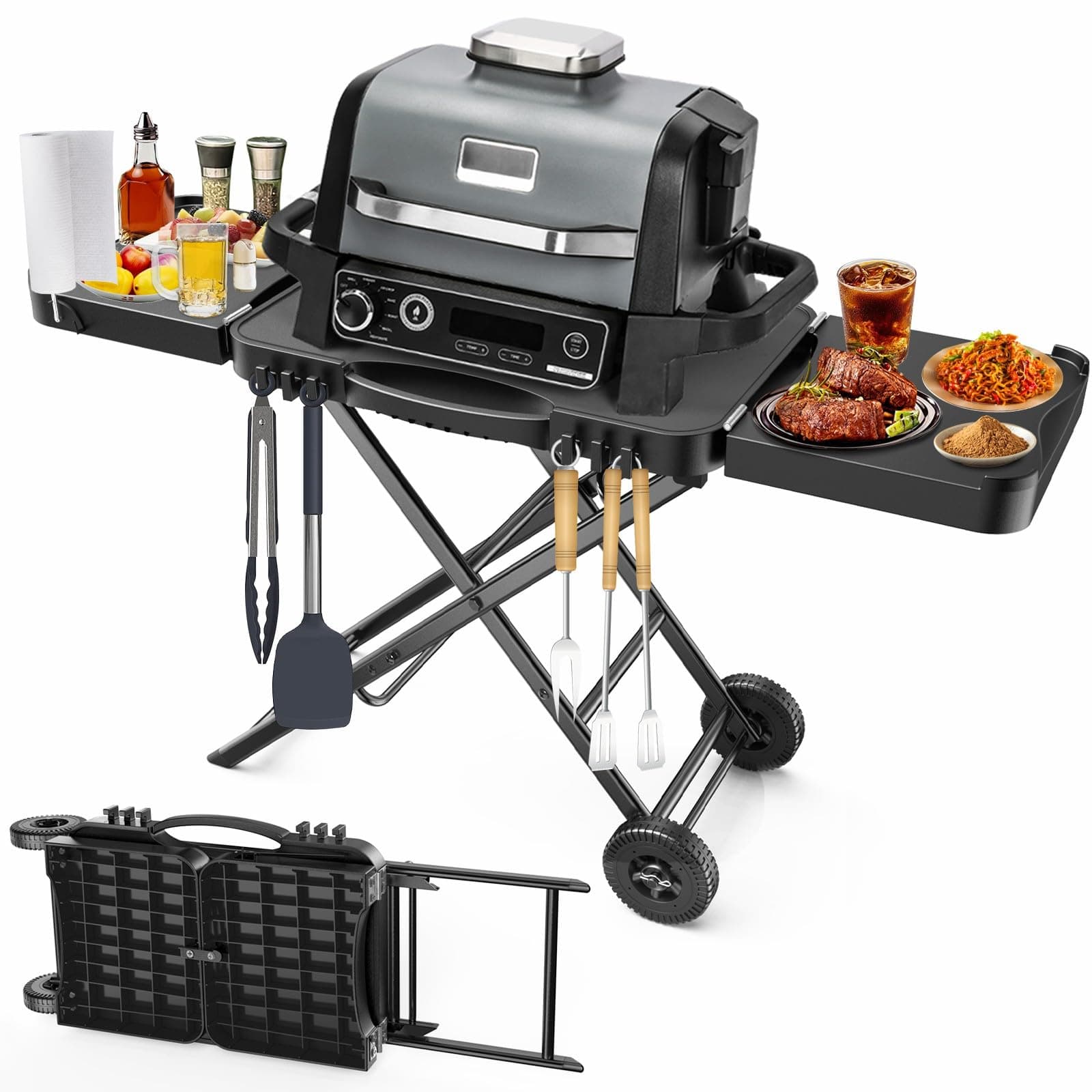 Portable Indoor Grill Table Stand for Ninja Woodfire Outdoor Grill(OG701 OG850 OG951 Series), 51in Large Space, Folding Camping Tailgating Table for Blackstone Griddle/Onni Pizza Oven,2 Wheels