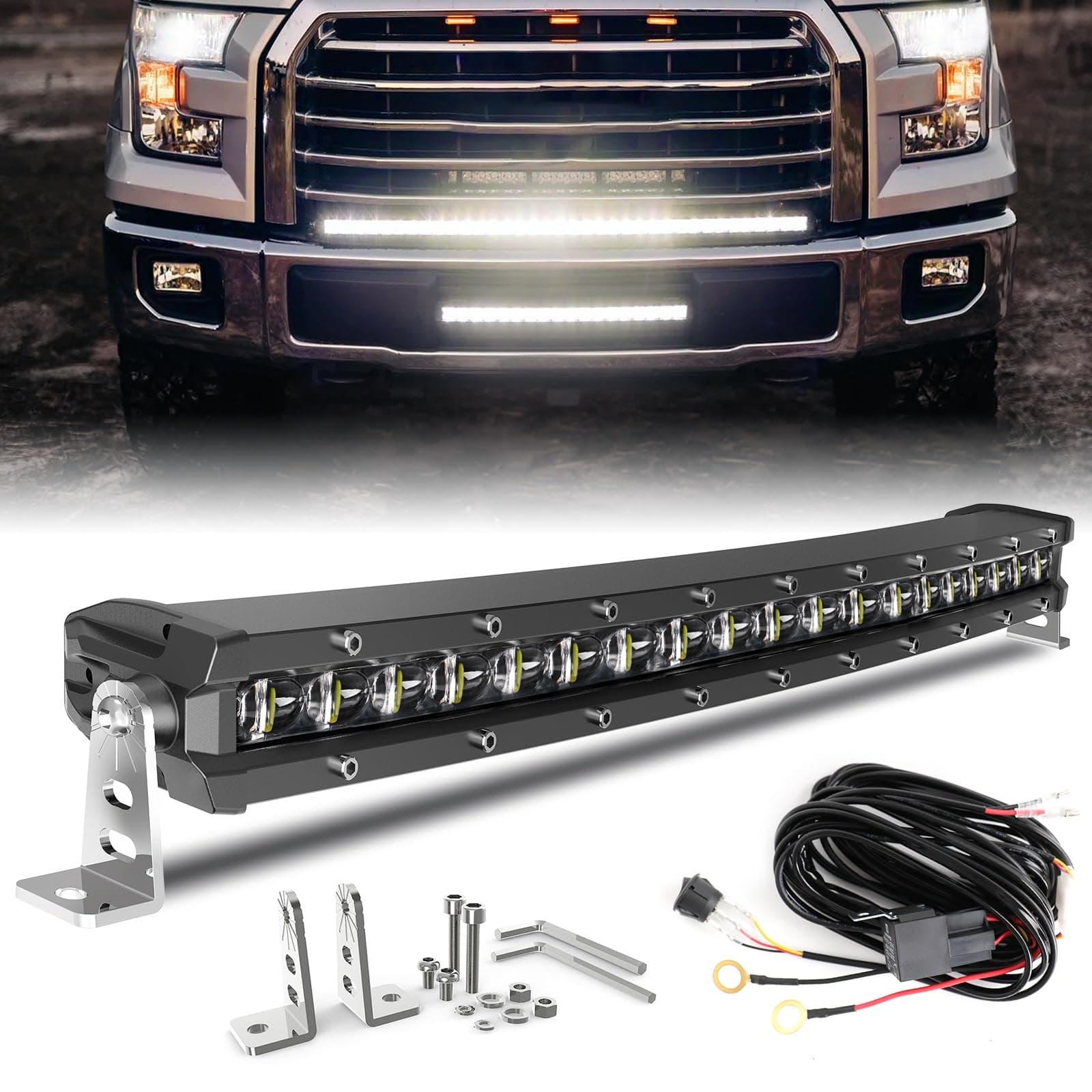 BraveWAY LED Light Bar Curved 20 Inch Single Row Offroad Lighting Driving Lightbar Spot Flood Combo Beam LED Work Light for Trucks UTV ATV SUV 4WD 4X4 Pickup